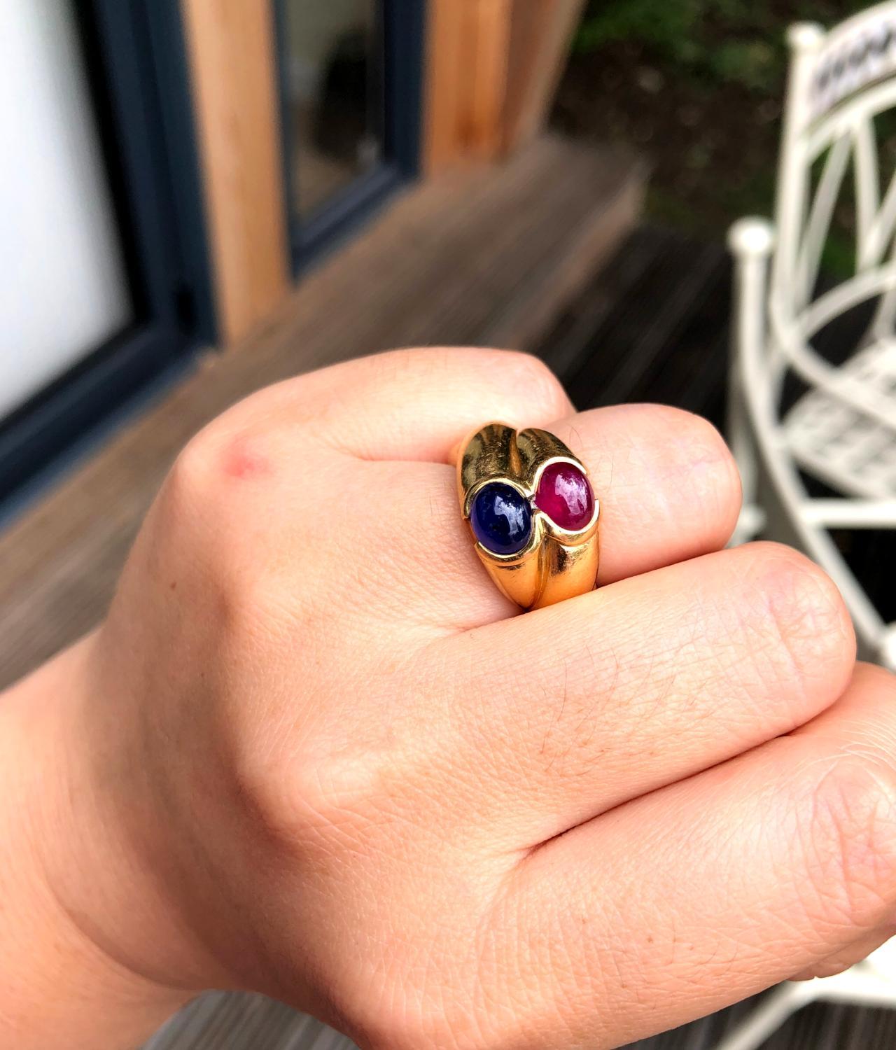 Ruby Sapphire Gold Cross Gold Ring In Excellent Condition In Banbury, GB