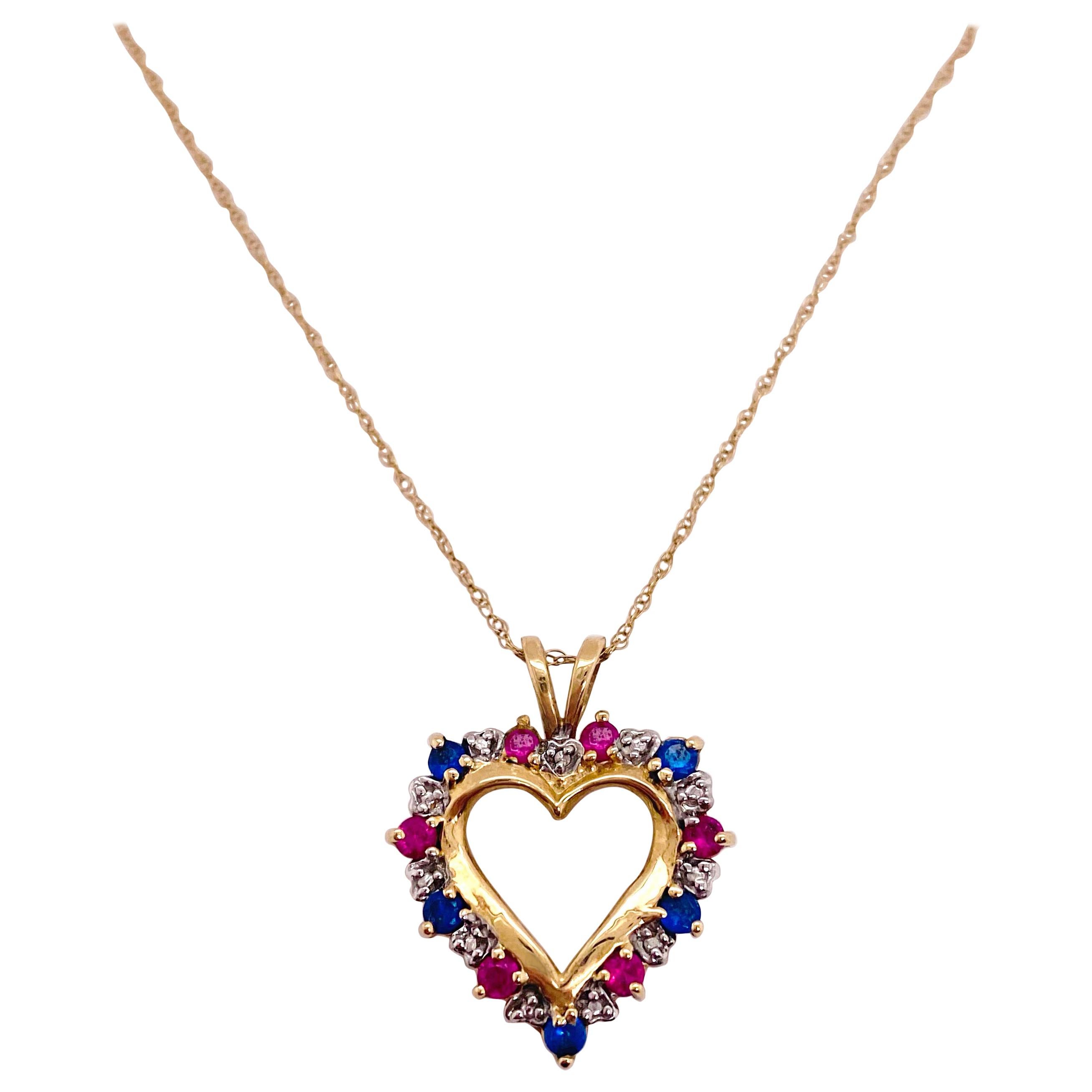 Ruby Sapphire Heart Necklace, 1.20 Carat Open Heart Love Pendant Necklace