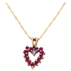 Ruby Sapphire Heart Pendant, Yellow Gold Open Heart with Diamond, Reversible