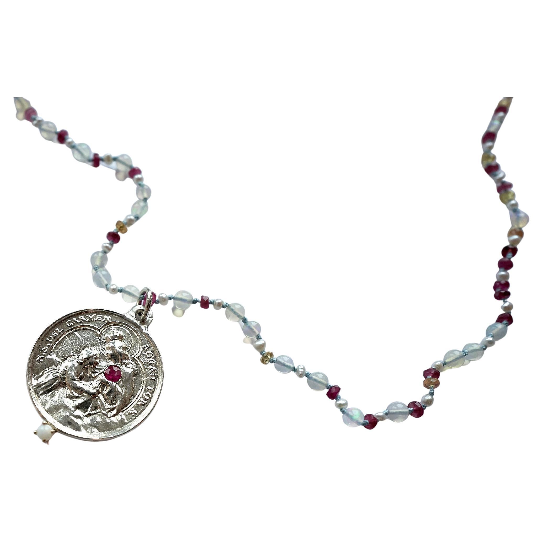 Rubin Opal Saphir Beaded Choker Halskette Jungfrau Maria Silber Anhänger 16