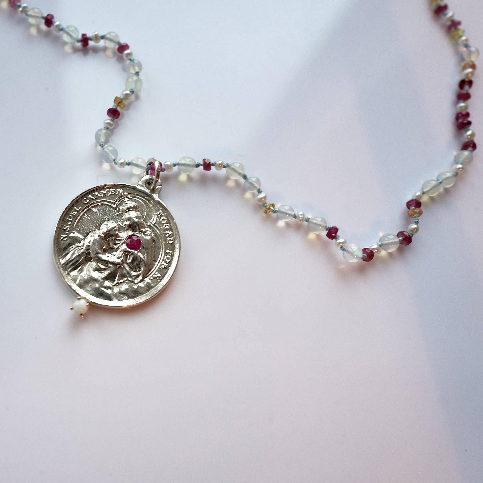 Ruby Sapphire Opal Beaded Choker Necklace Virgin Mary Silver Pendant J Dauphin In New Condition For Sale In Los Angeles, CA