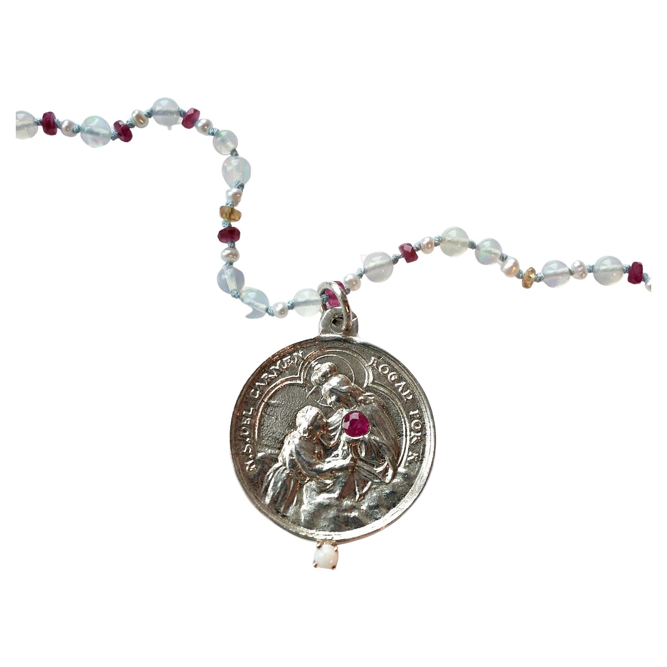 Rubin Saphir Opal Perlenkette Halskette Jungfrau Maria Silber Anhänger J Dauphin im Angebot
