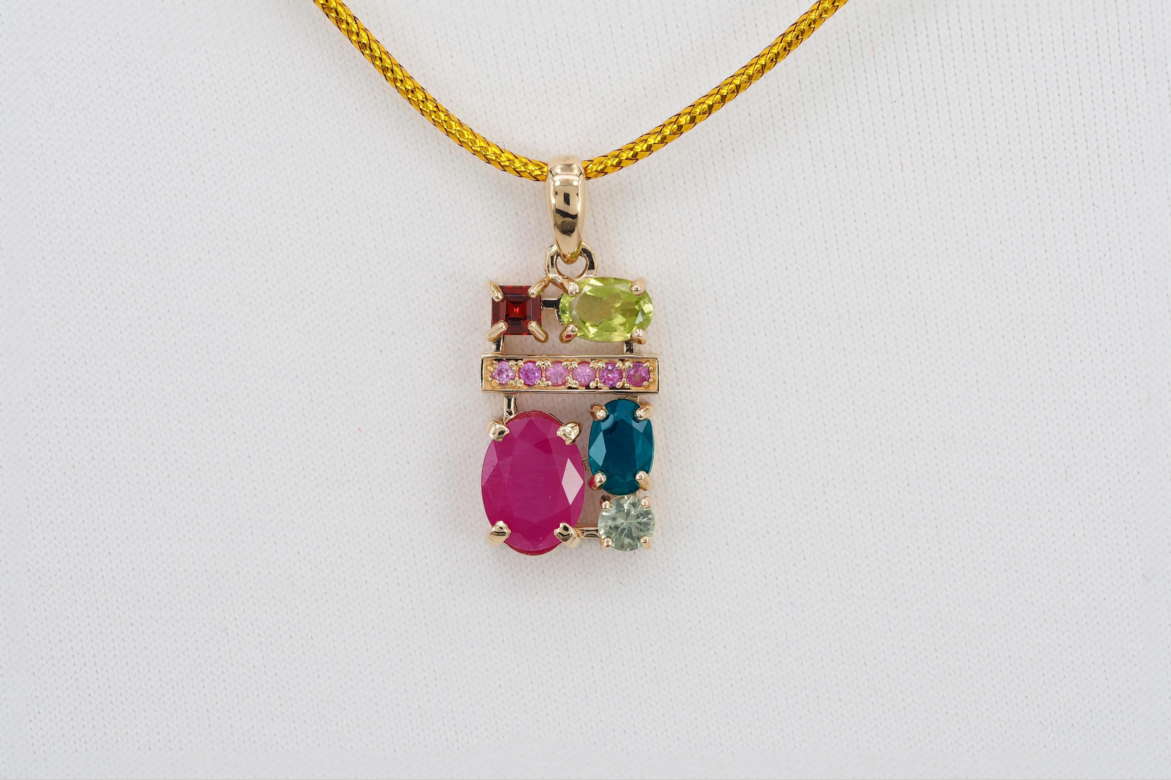 Modern Ruby, sapphire, peridot, tourmaline, garnet and side pink sapphires pendant
