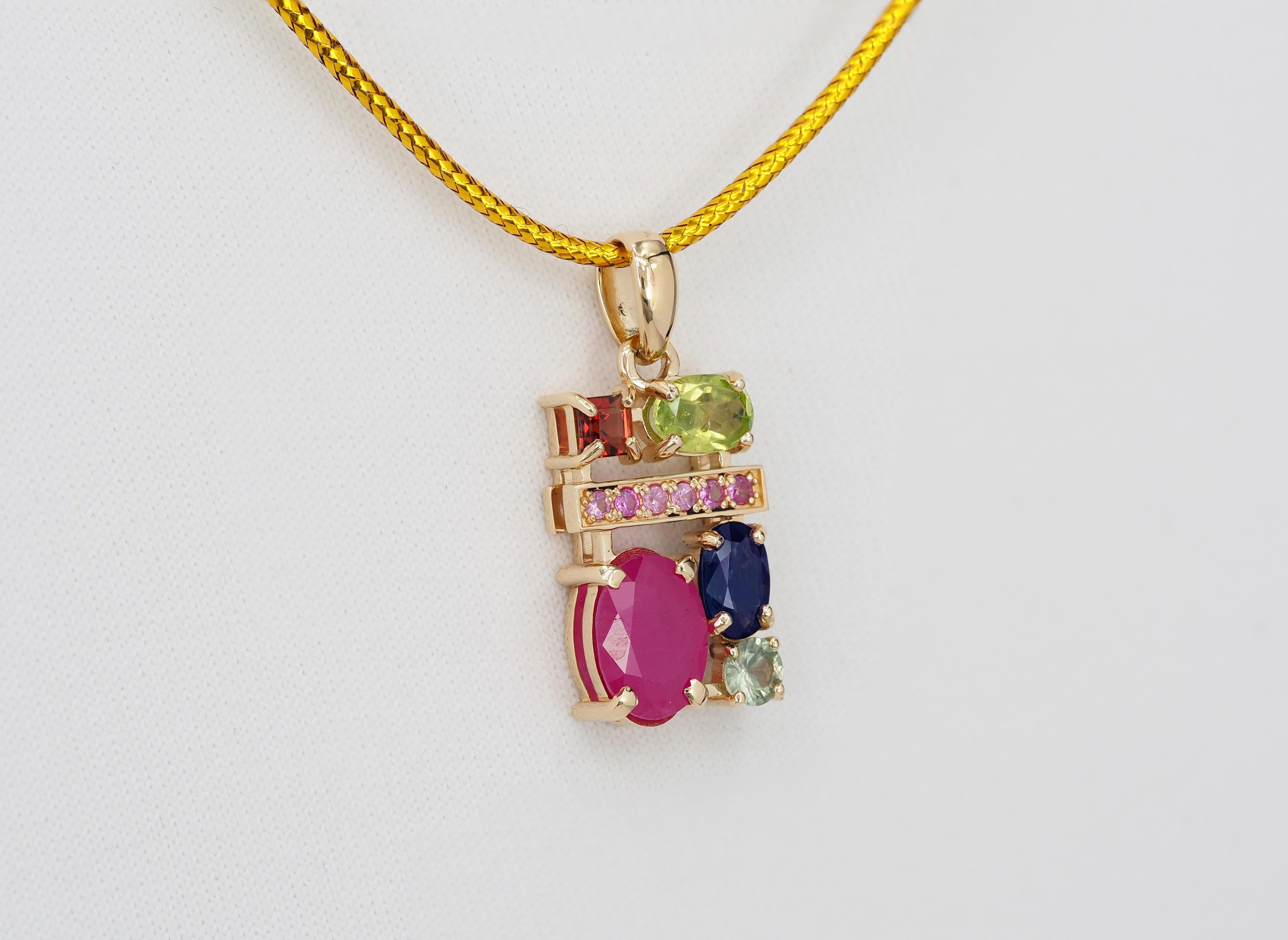 Oval Cut Ruby, sapphire, peridot, tourmaline, garnet and side pink sapphires pendant