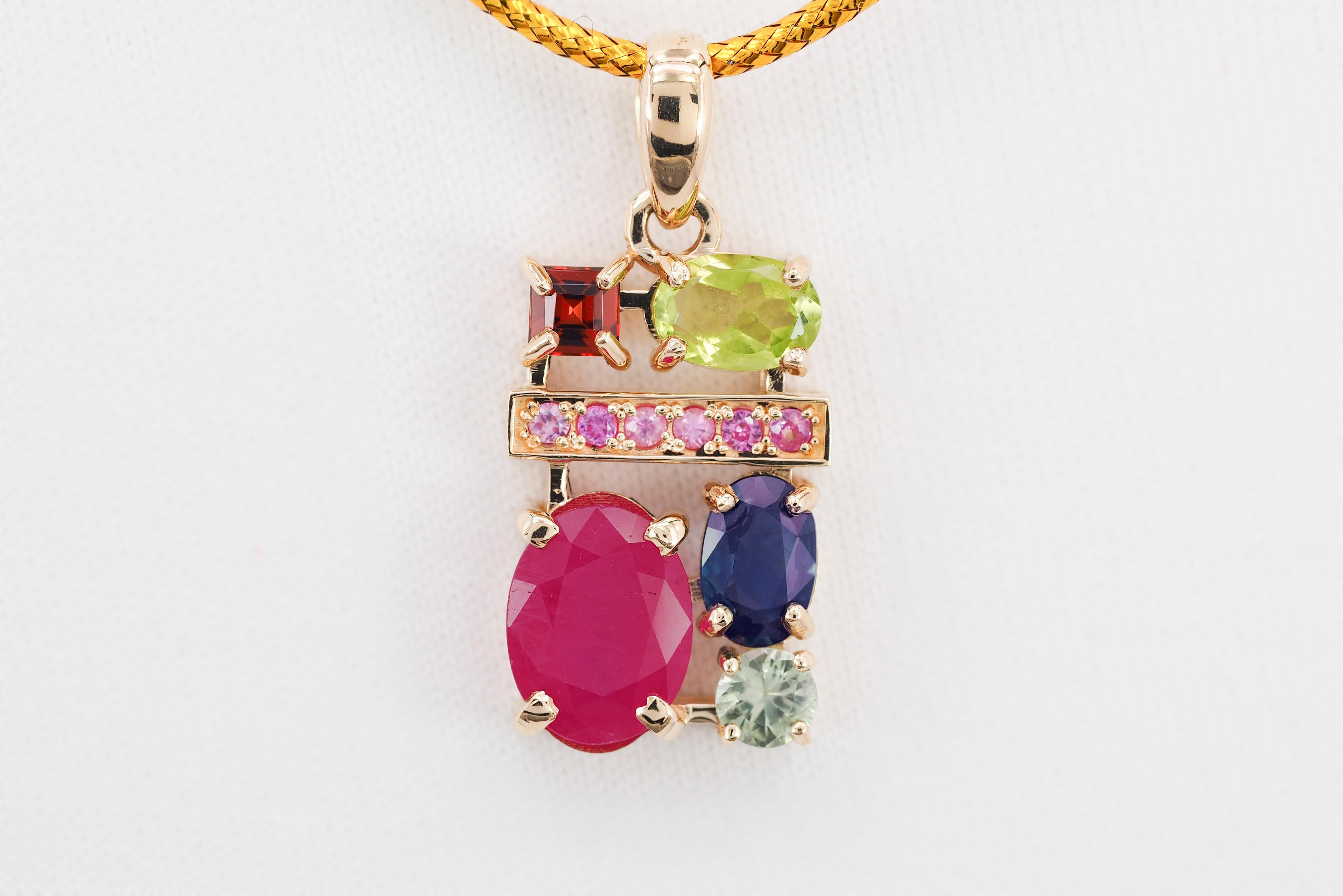 Women's Ruby, sapphire, peridot, tourmaline, garnet and side pink sapphires pendant