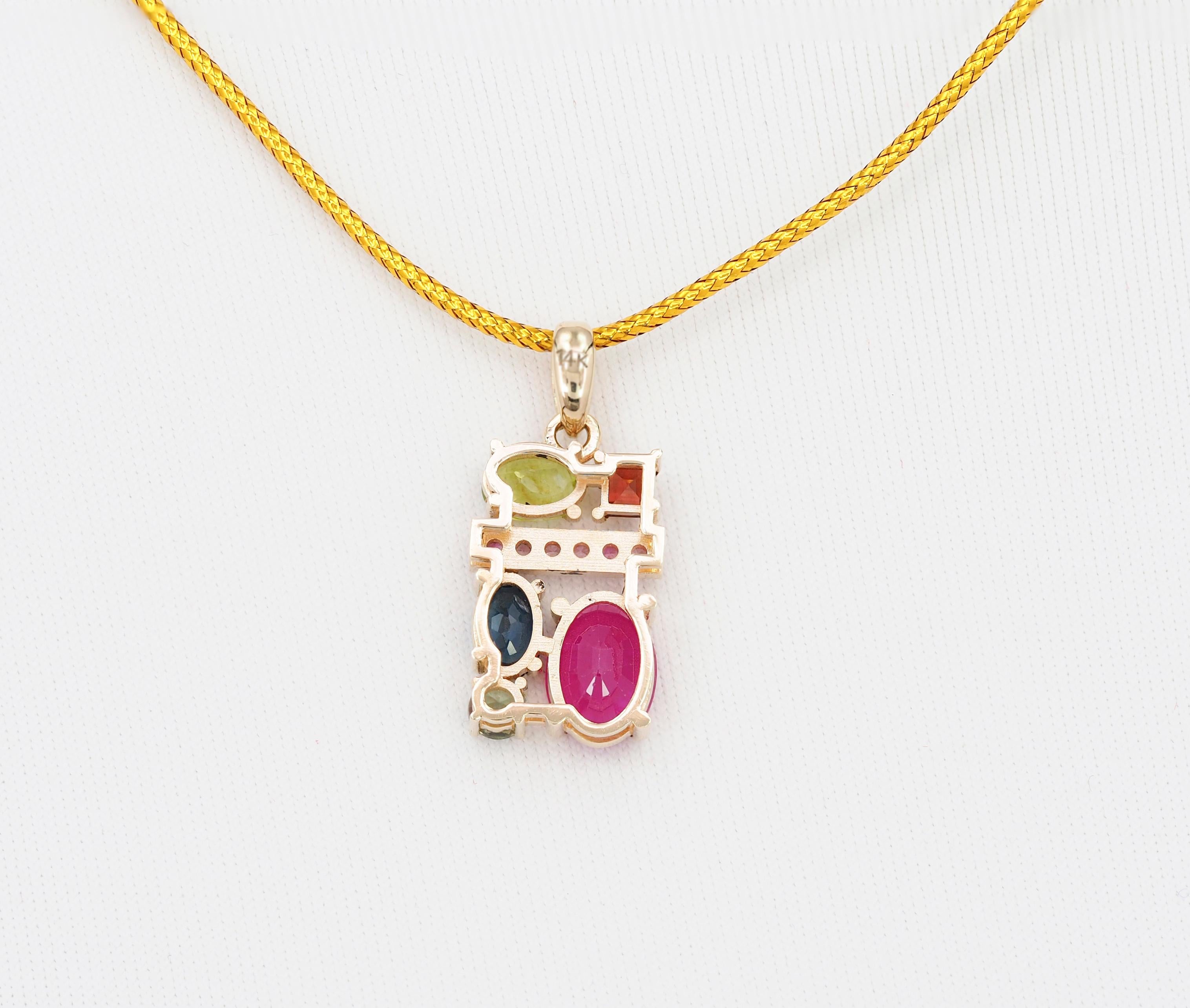 Ruby, sapphire, peridot, tourmaline, garnet and side pink sapphires pendant For Sale 1