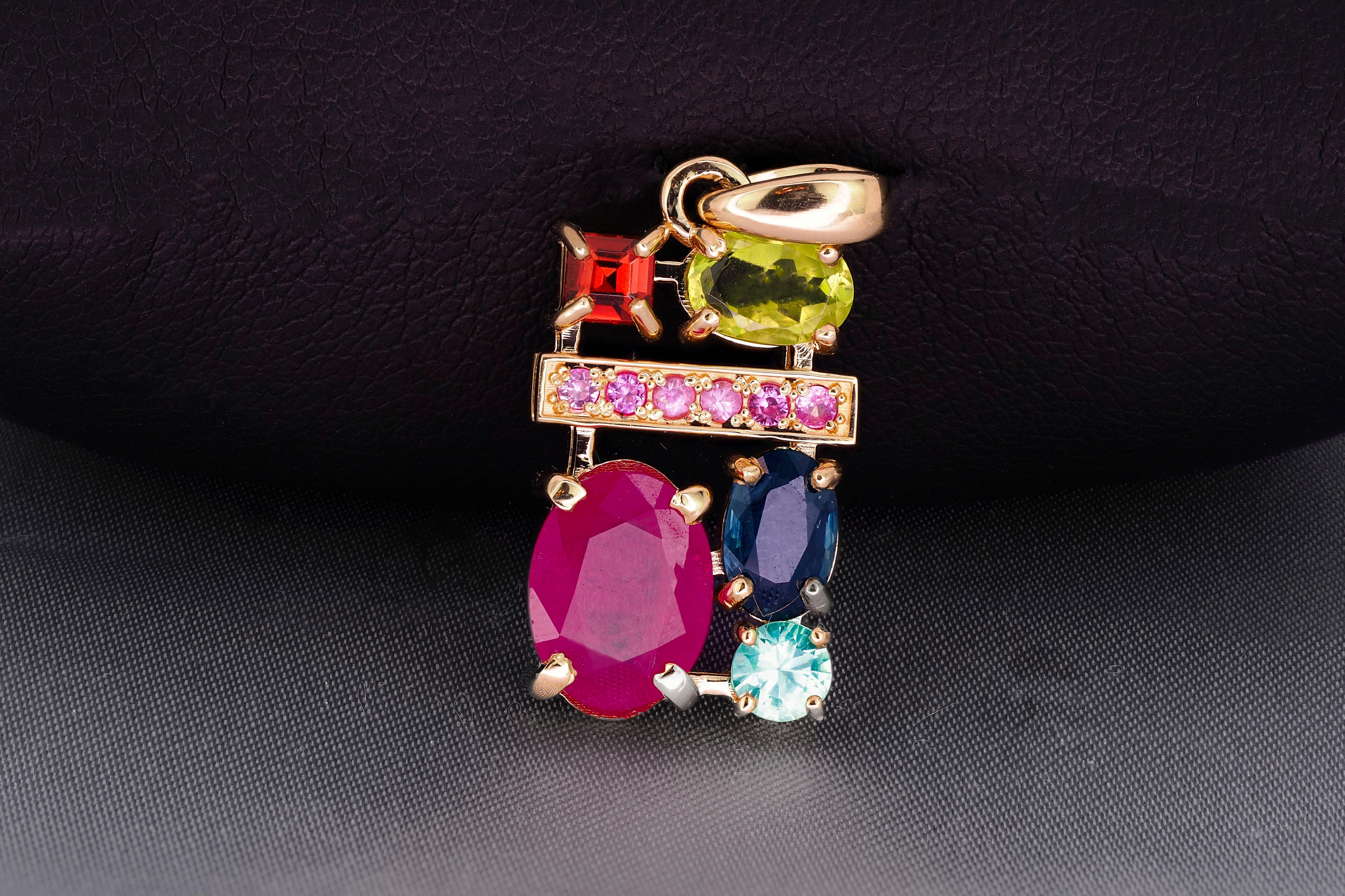 Ruby, sapphire, peridot, tourmaline, garnet and side pink sapphires pendant For Sale 2