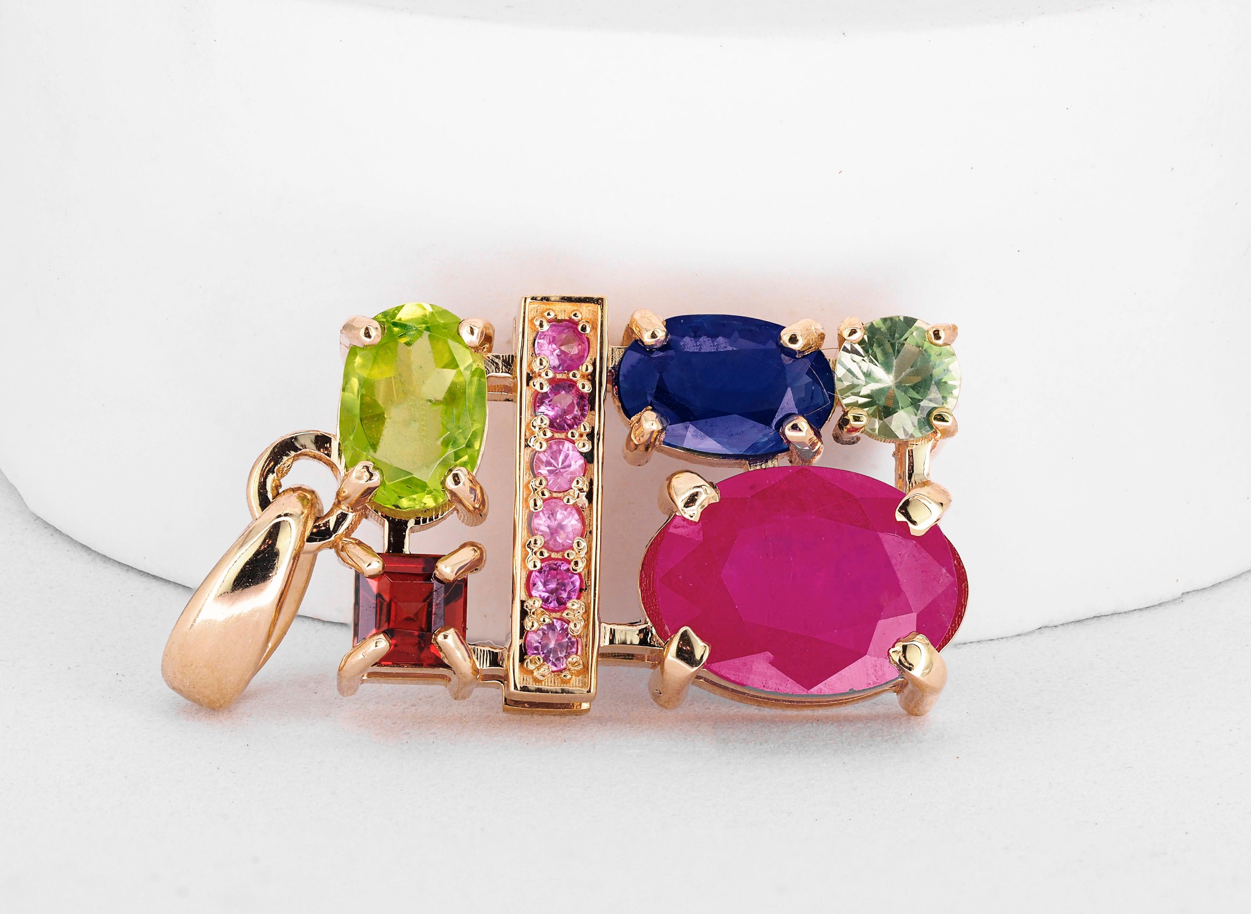 Ruby, sapphire, peridot, tourmaline, garnet and side pink sapphires pendant For Sale 3