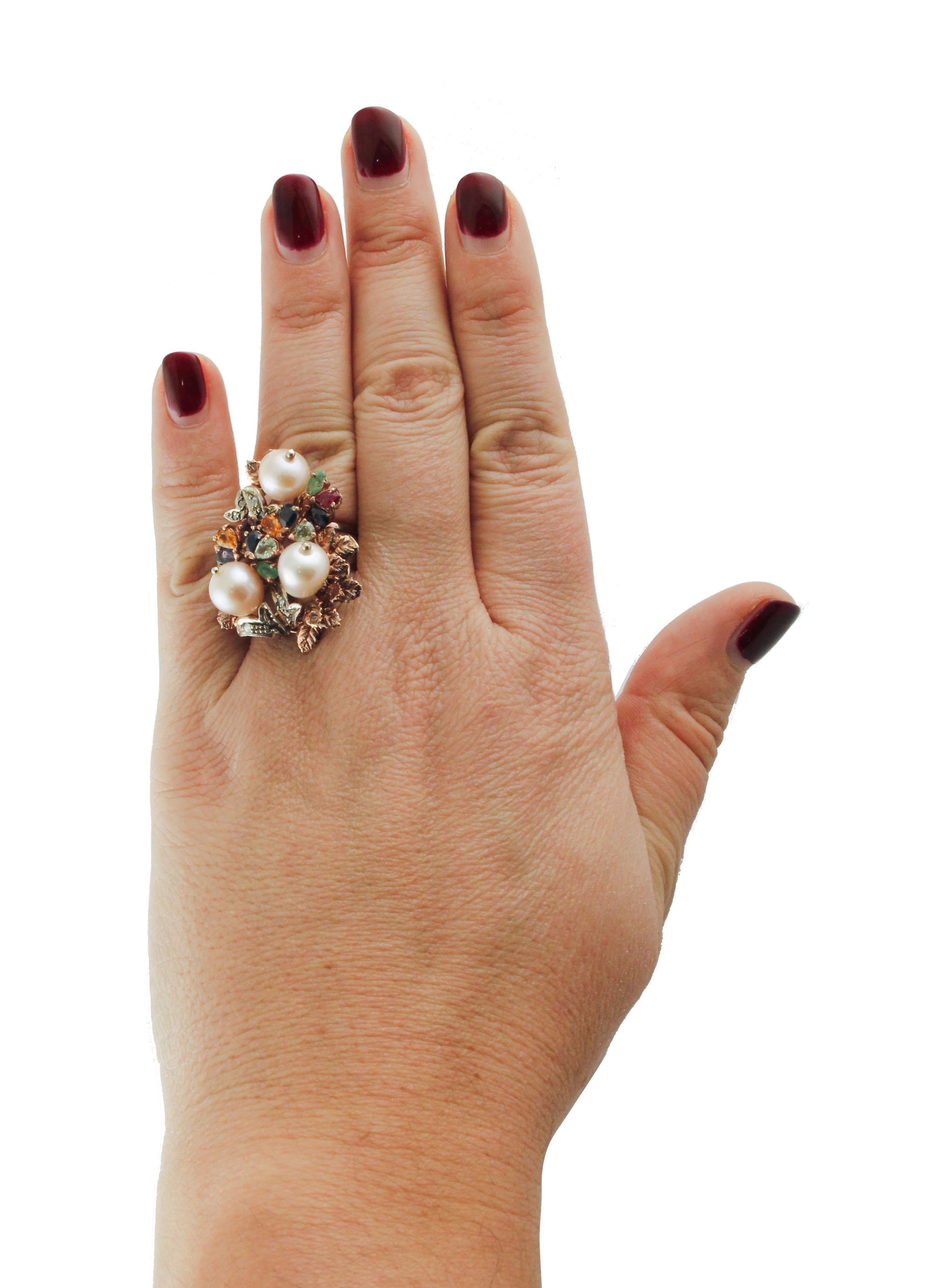 Retro Ruby Sapphire Topaz Pearl Diamond Silver Gold Cluster Ring