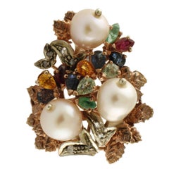 Silber-Gold-Cluster-Ring mit Rubin, Saphir, Topas, Perle und Diamant