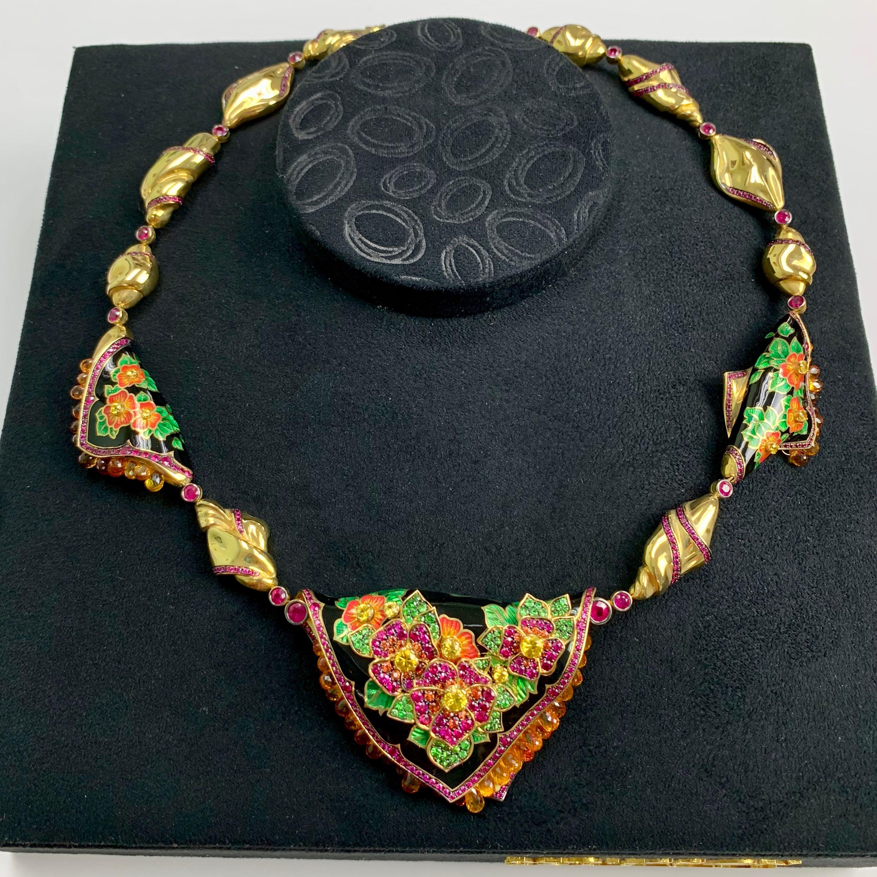 Russian Empire Ruby Sapphire Tsavorite Enamel A'la Russe Necklace For Sale
