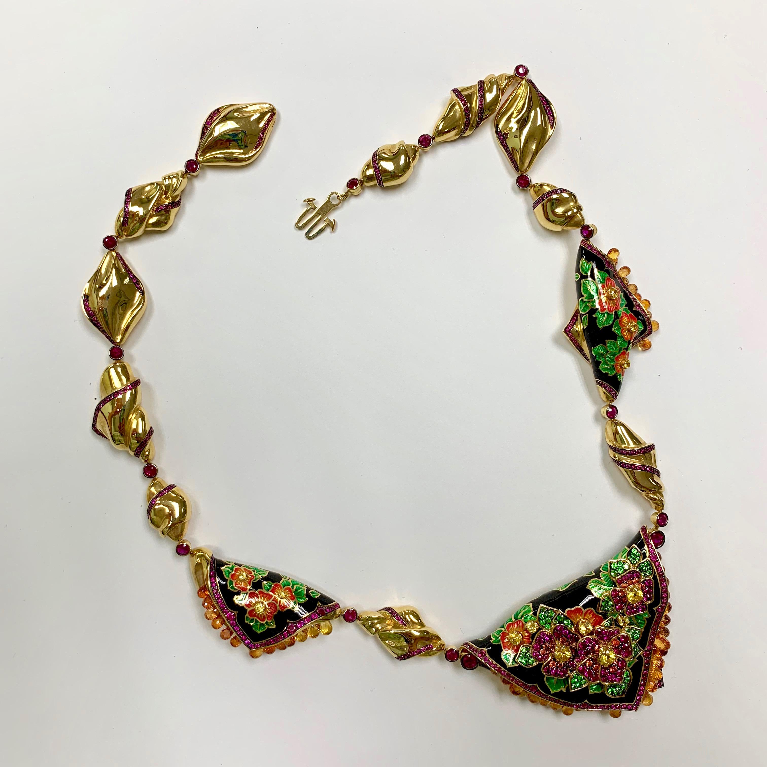 Ruby Sapphire Tsavorite Enamel A'la Russe Necklace In New Condition For Sale In Bangkok, TH