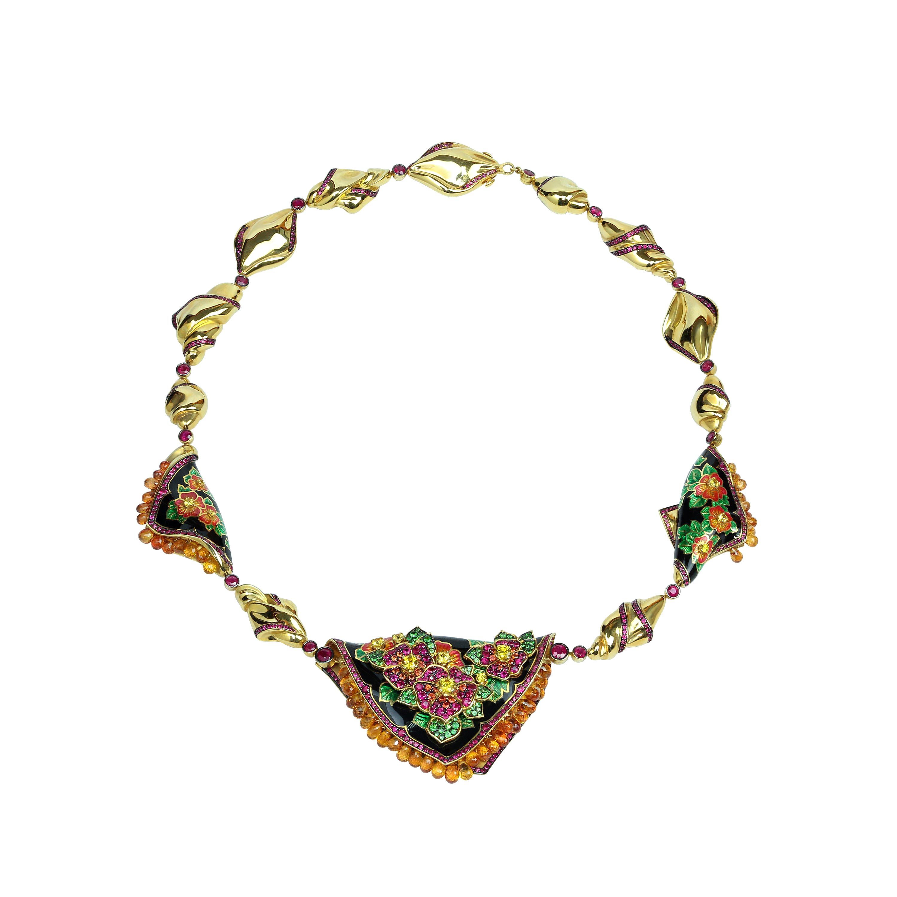 Ruby Sapphire Tsavorite Enamel A'la Russe Necklace For Sale