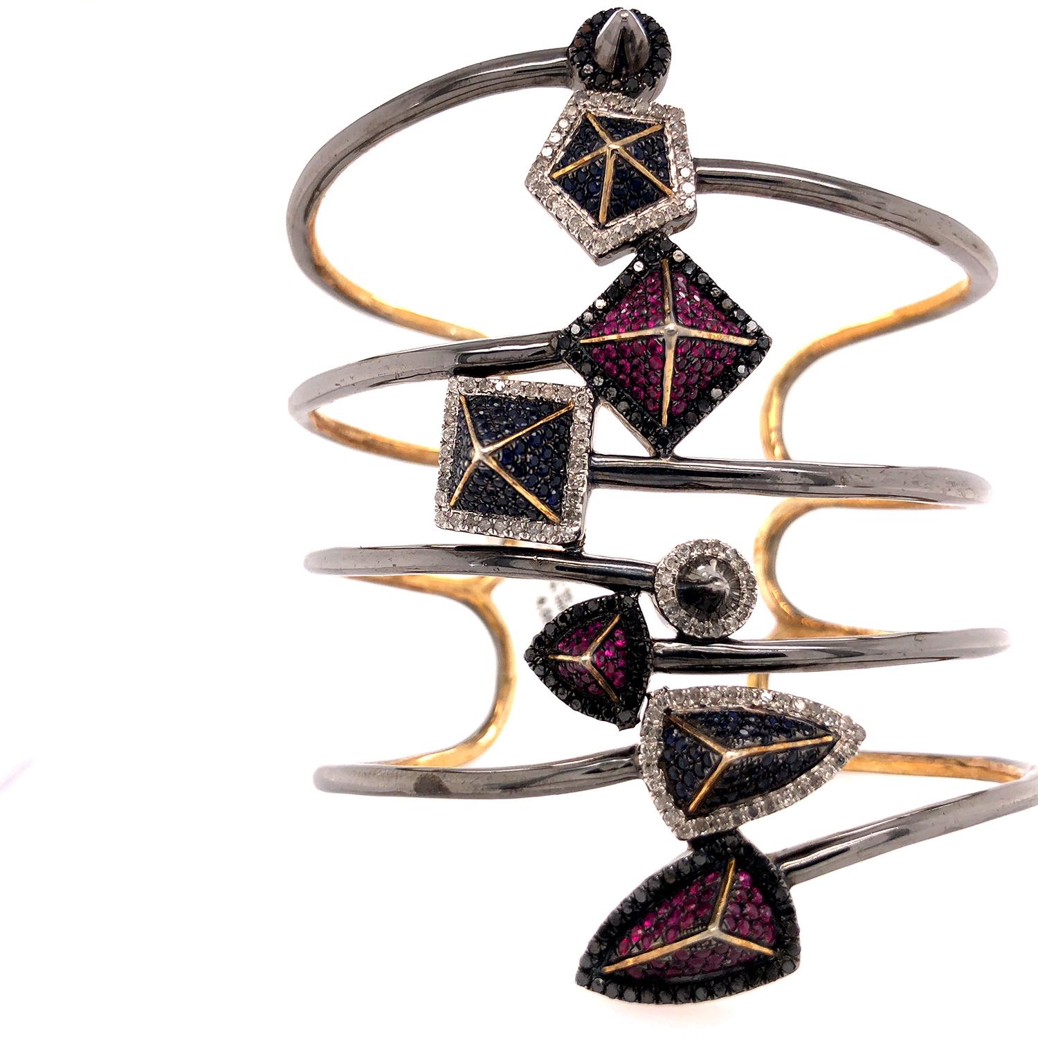 Art Nouveau Ruby & Sapphire Wide Cuff Bangle With Pave Diamonds Made In Silver For Sale