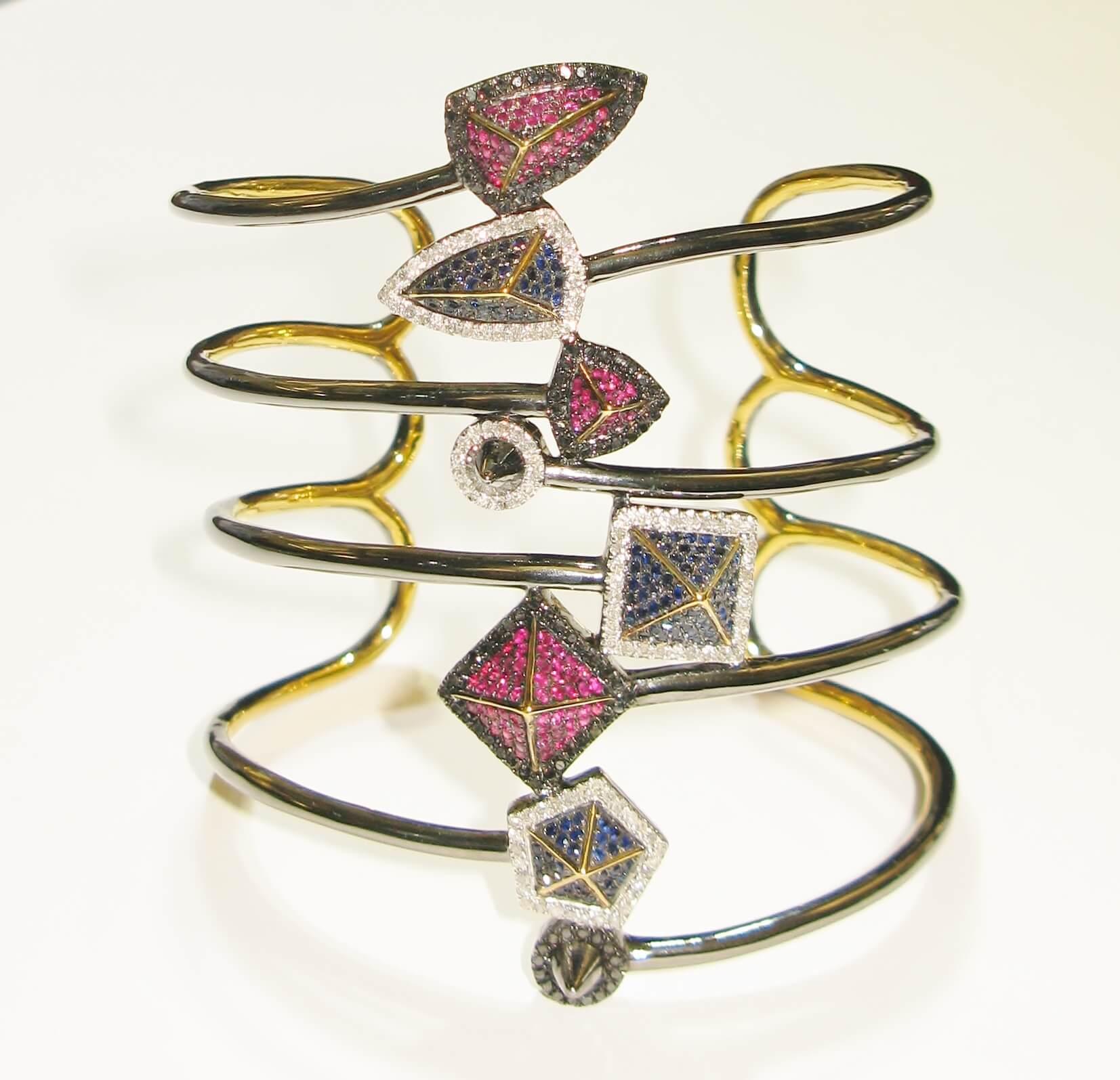 Mixed Cut Ruby & Sapphire Wide Cuff Bangle With Pave Diamonds Made In Silver For Sale