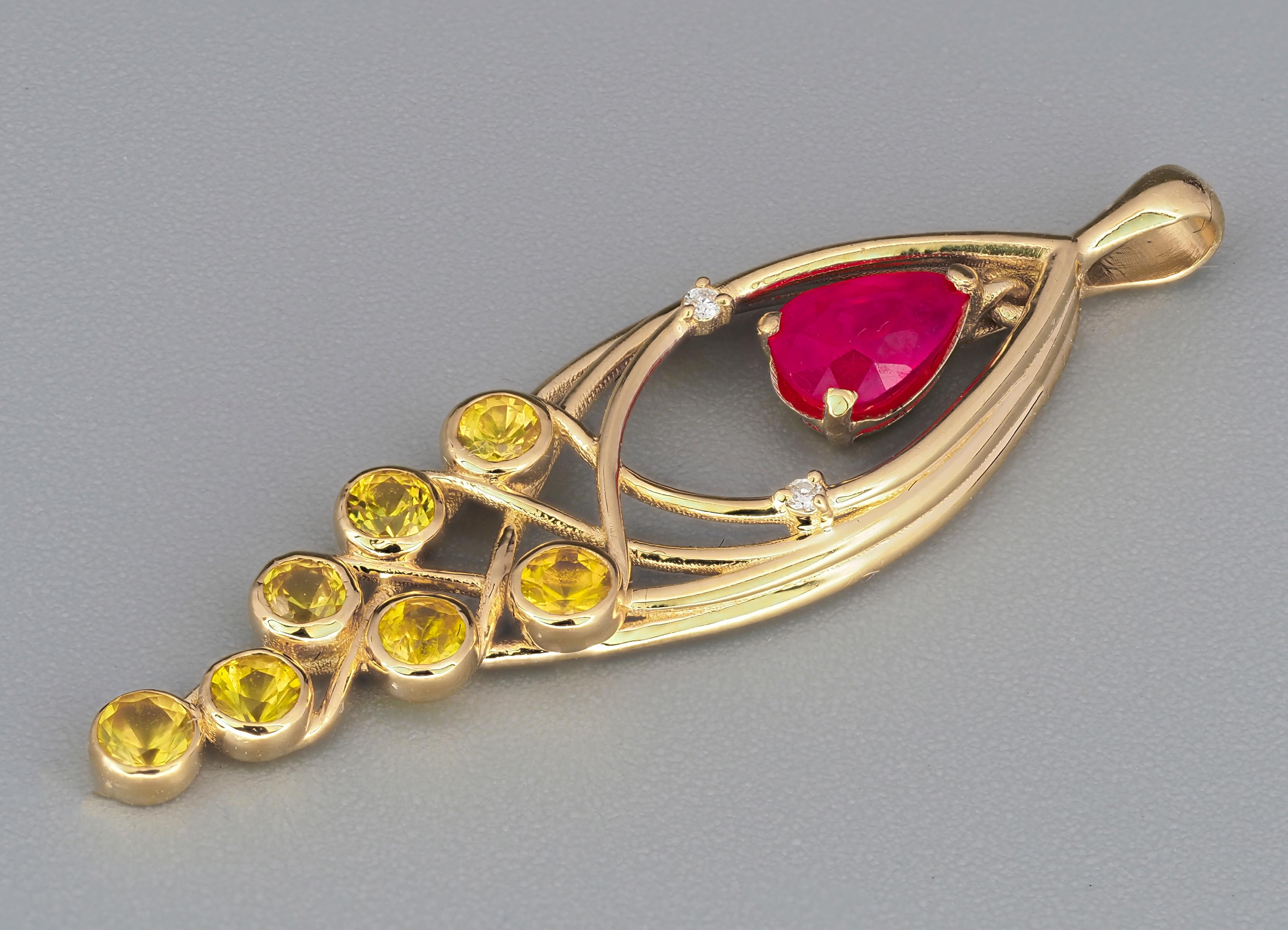 Ruby, Sapphires, Diamonds 14k gold pendant. 
Pear ruby, round sapphire pendant. Simple, everyday gemstone pendant. Colorful gemstones charm.

Weight: 1.4 g.
Gold - 14k  gold.
Pendant size in mm - 35х10.33 mm.

Central stone: ruby
Cut: pear
Weight: