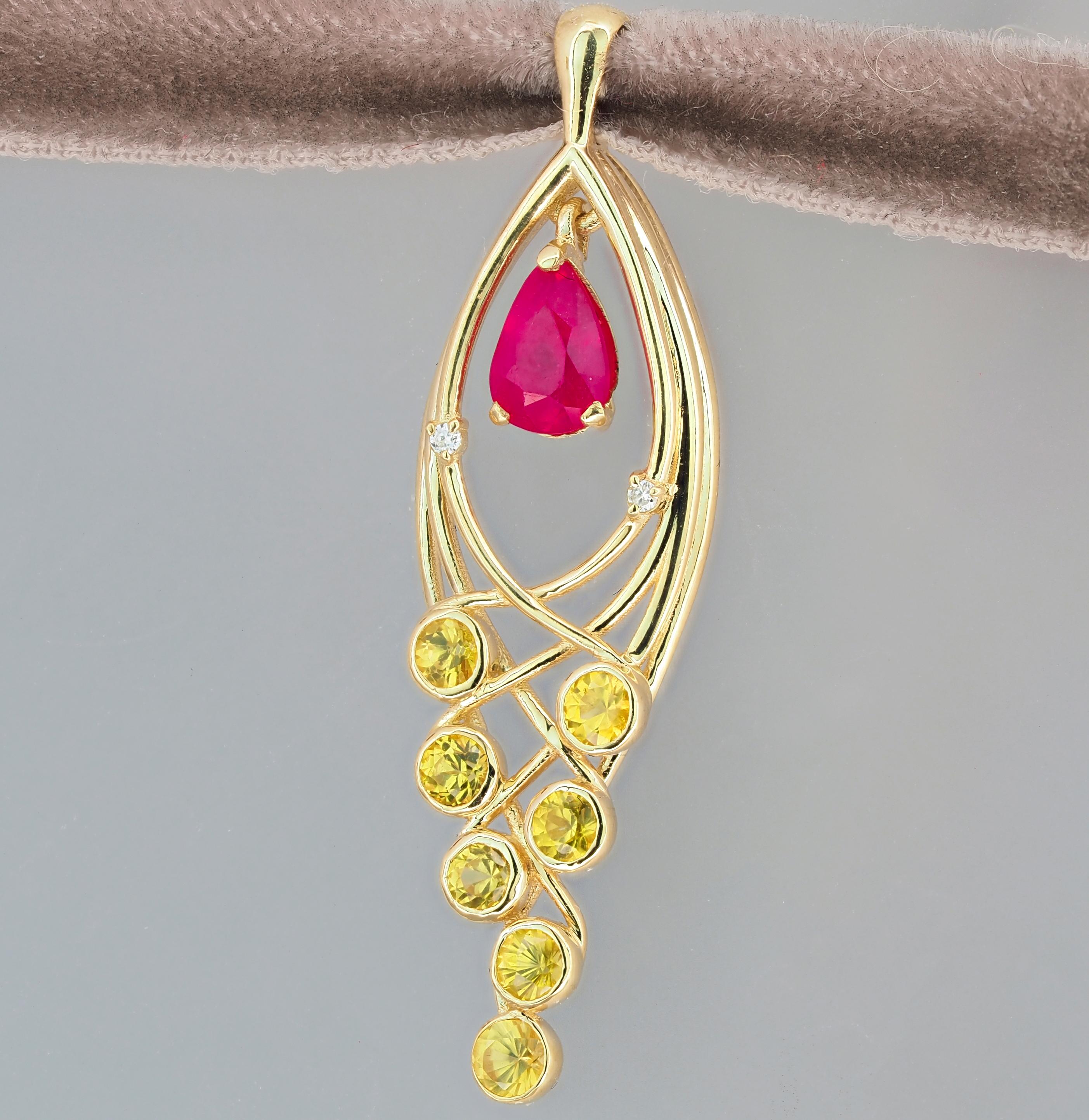 Pear Cut Ruby, Sapphires, Diamonds 14k gold pendant.  For Sale