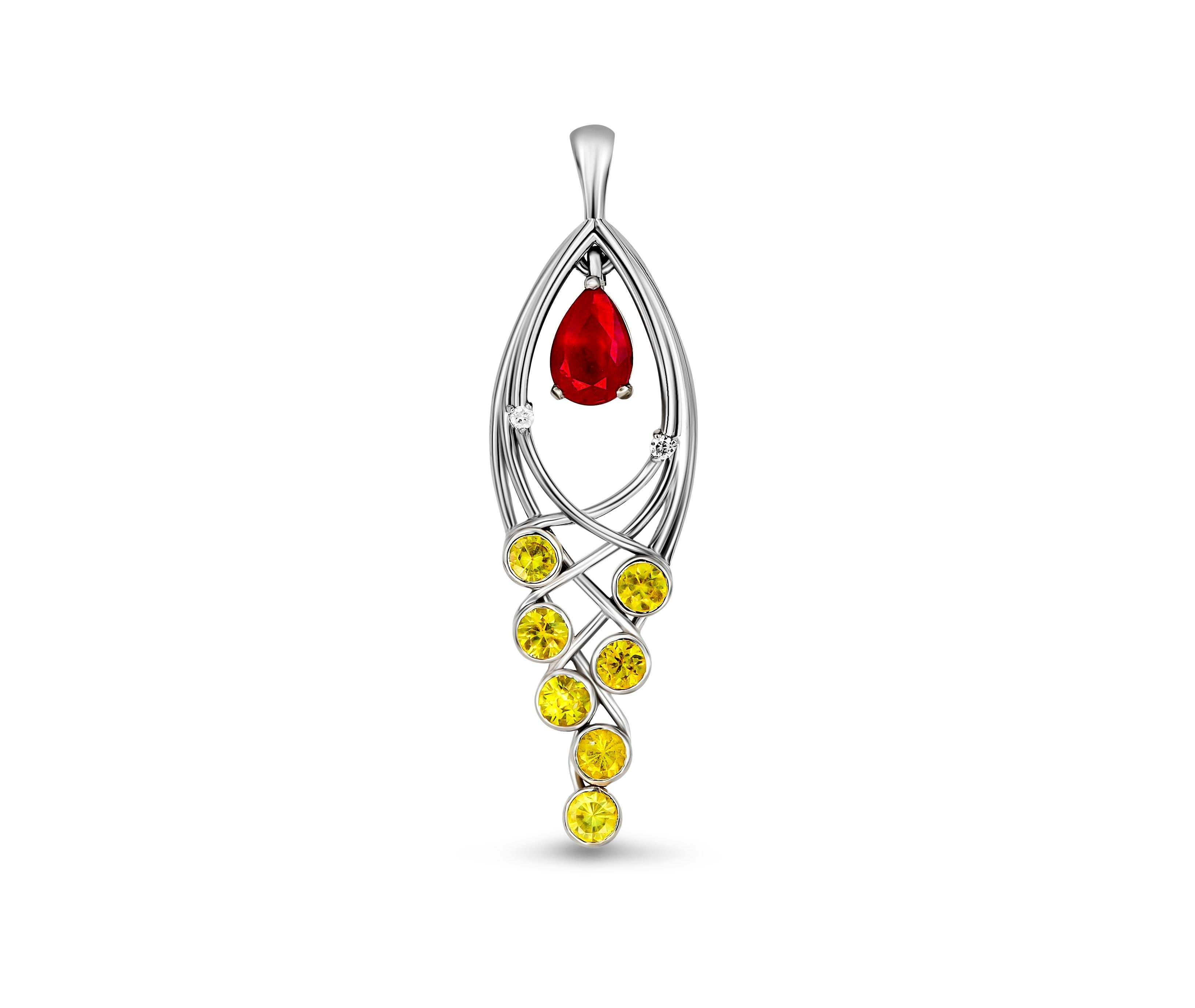 Ruby, Sapphires, Diamonds 14k gold pendant.  For Sale 1