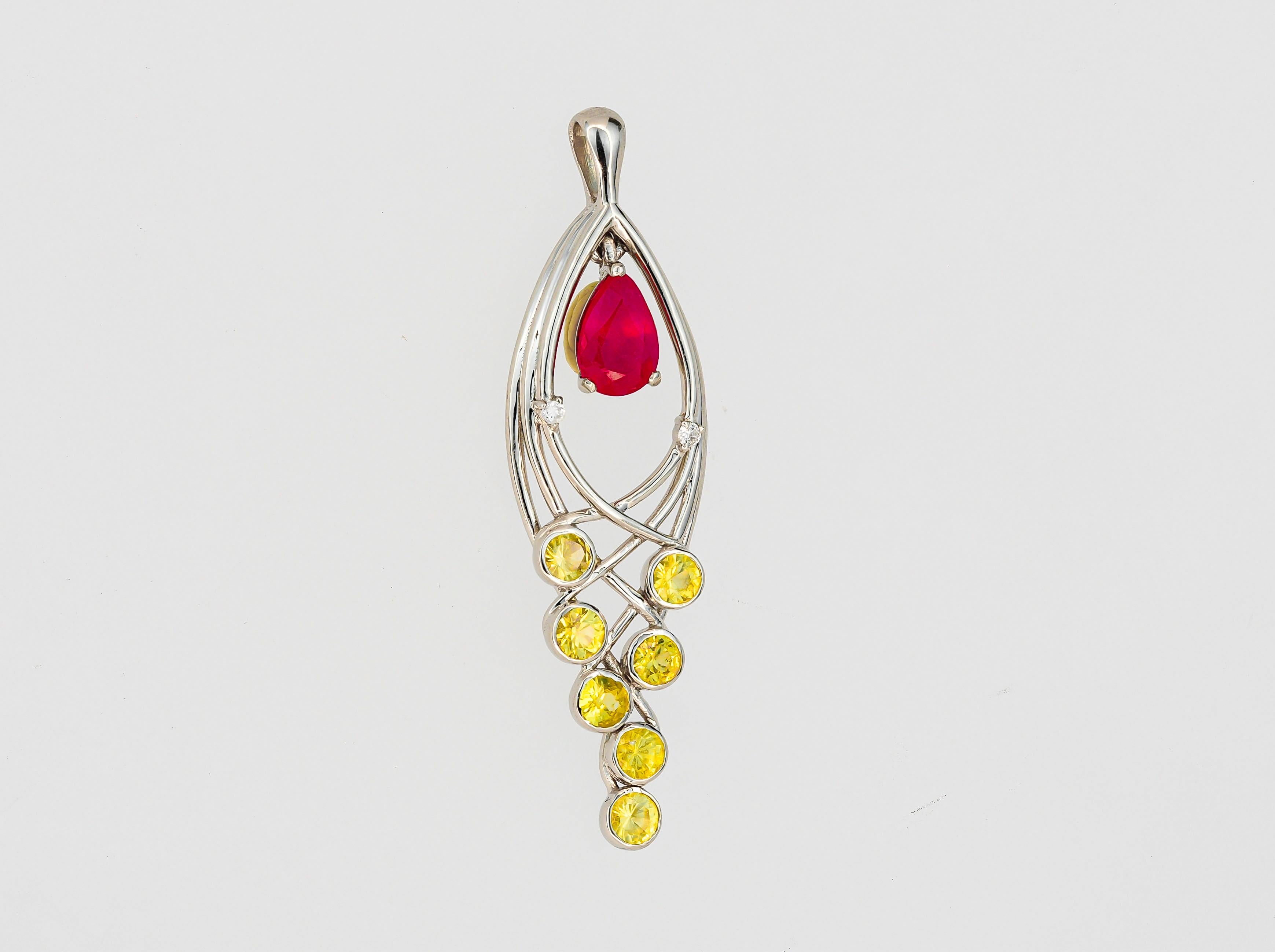 Ruby, Sapphires, Diamonds 14k gold pendant.  For Sale 2