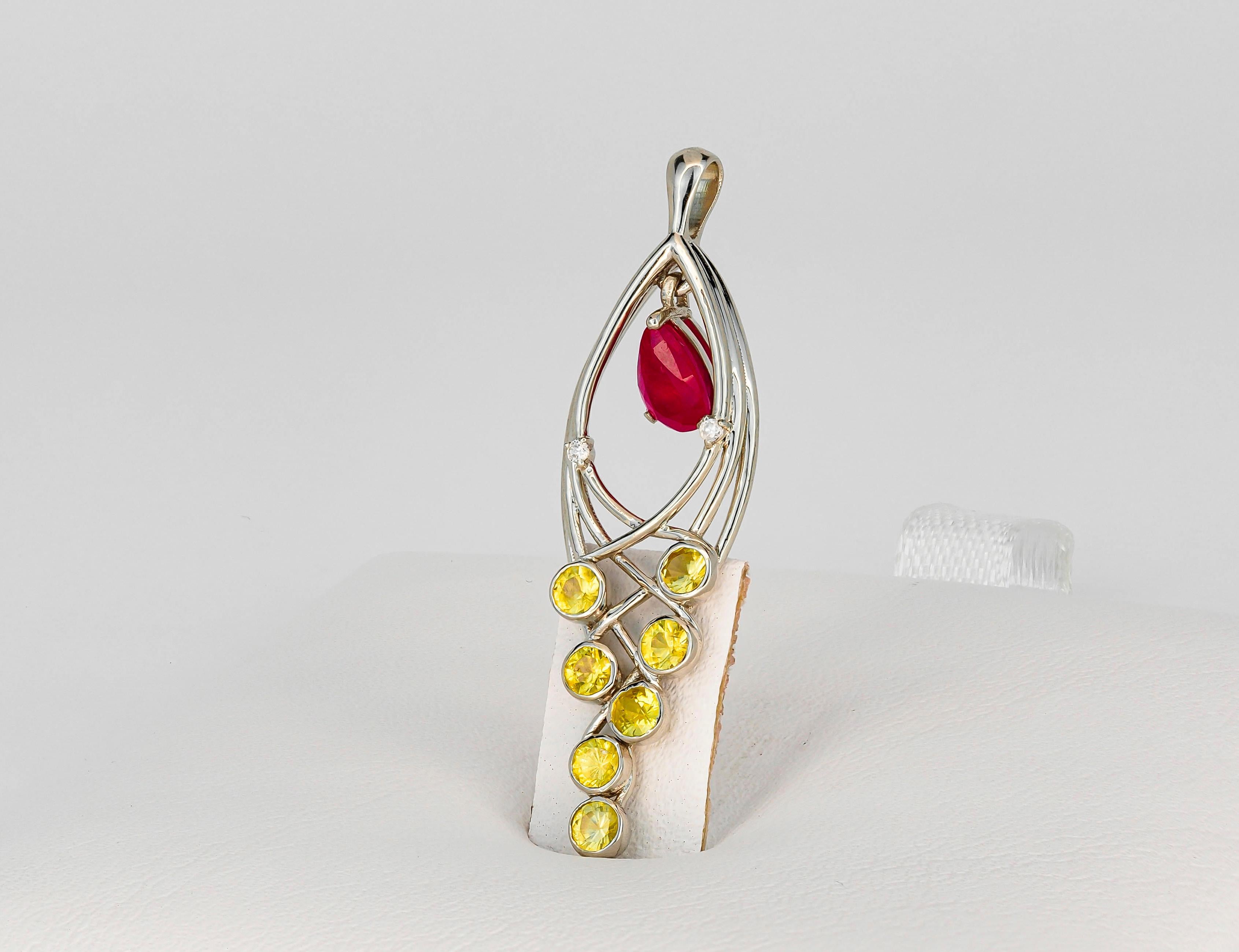 Ruby, Sapphires, Diamonds 14k gold pendant.  For Sale 3