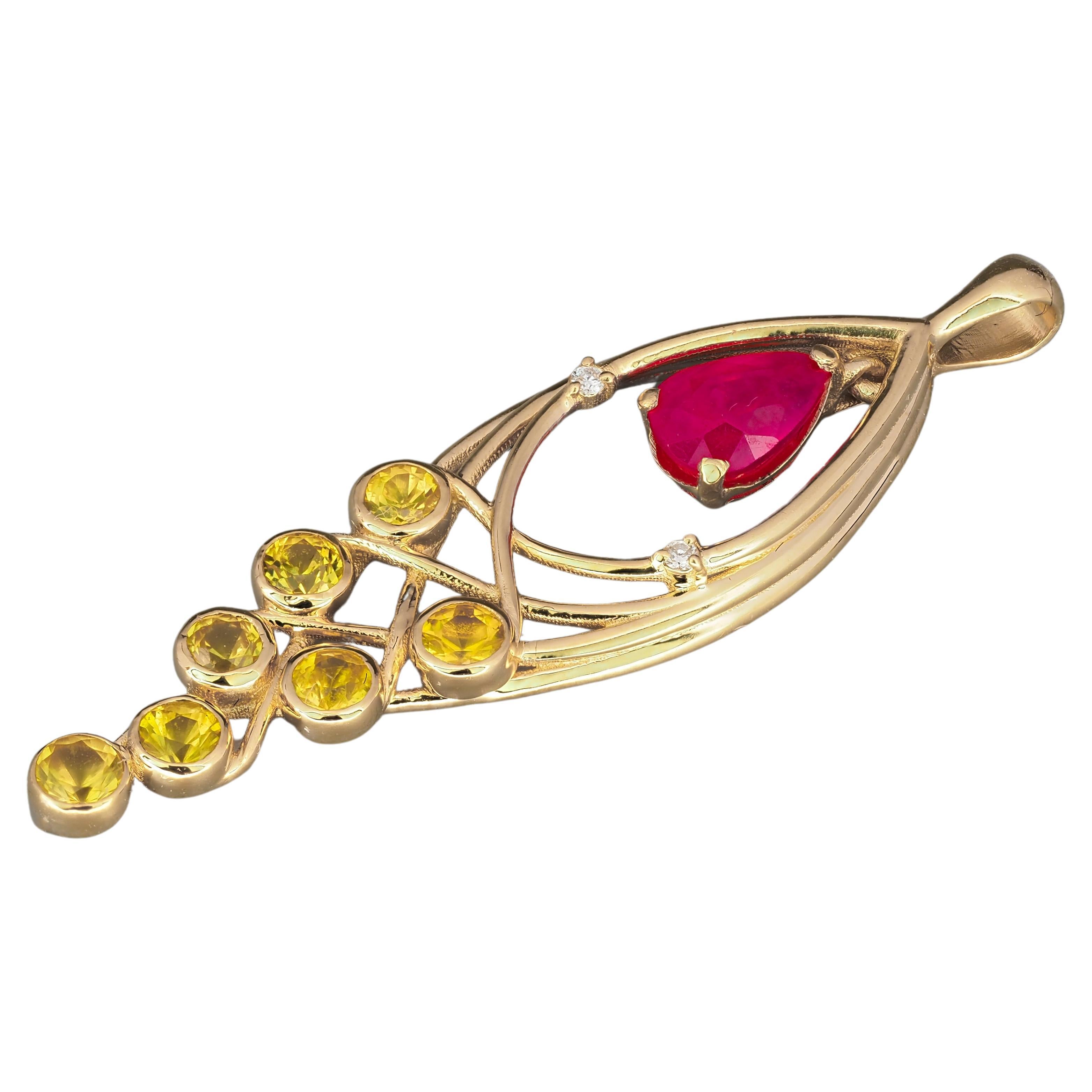 Ruby, Sapphires, Diamonds 14k gold pendant.