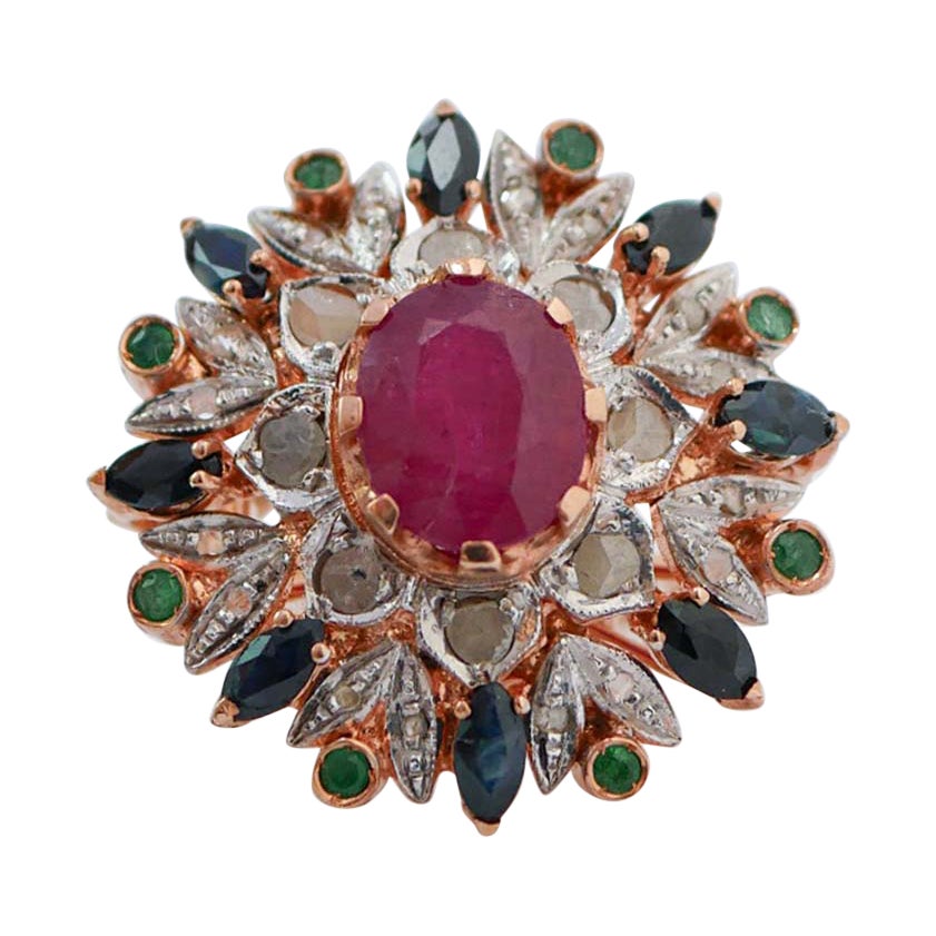 Ruby, Sapphires, Emeralds, Diamonds, Rose Gold and Silver Ring. For Sale