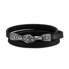 Ruby and Pave Diamond Oxidized Silver Serpent Bracelet with Black Leather Strap