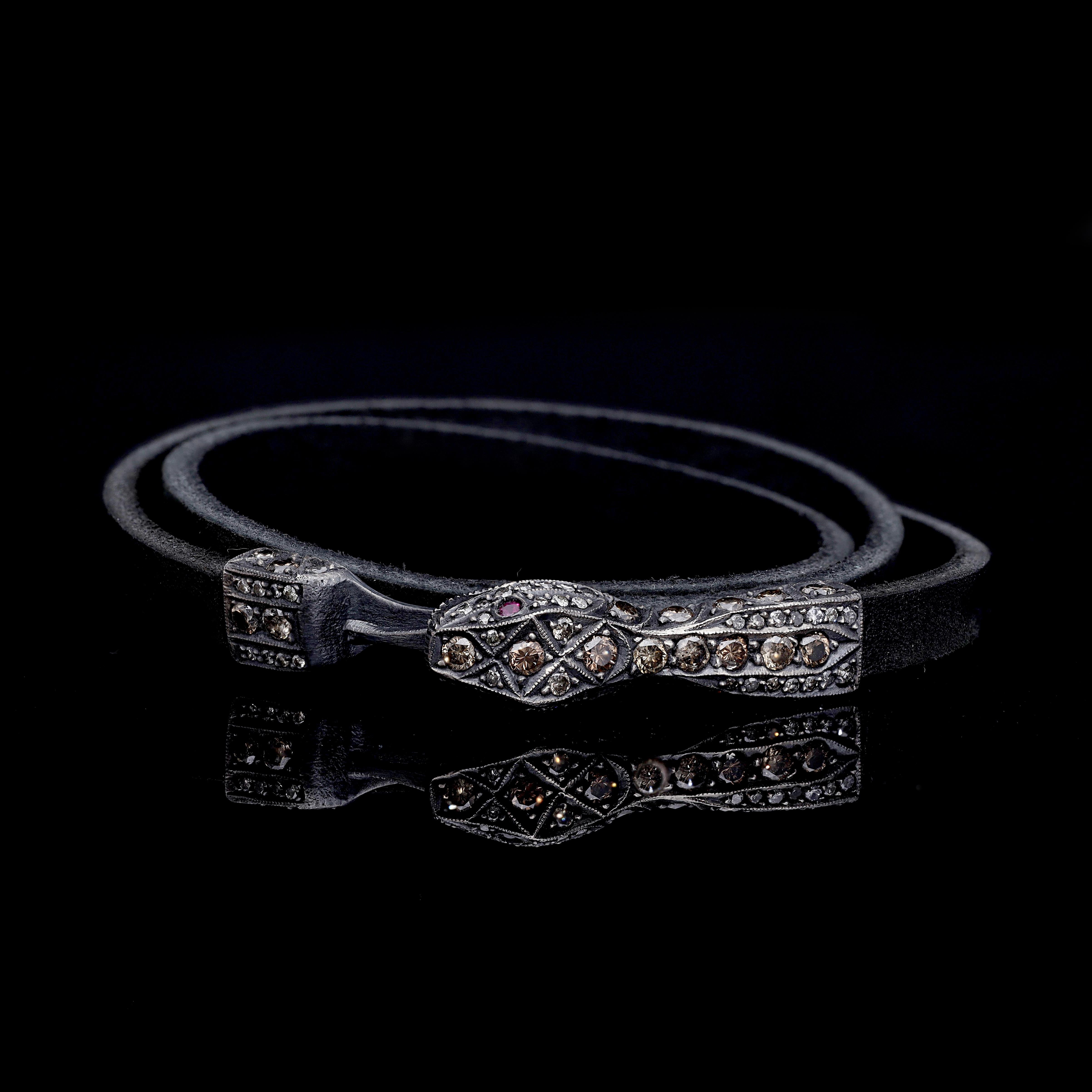 Contemporary Ruby and Pave Diamond Oxidized Silver Serpent Bracelet with Black Leather Strap For Sale