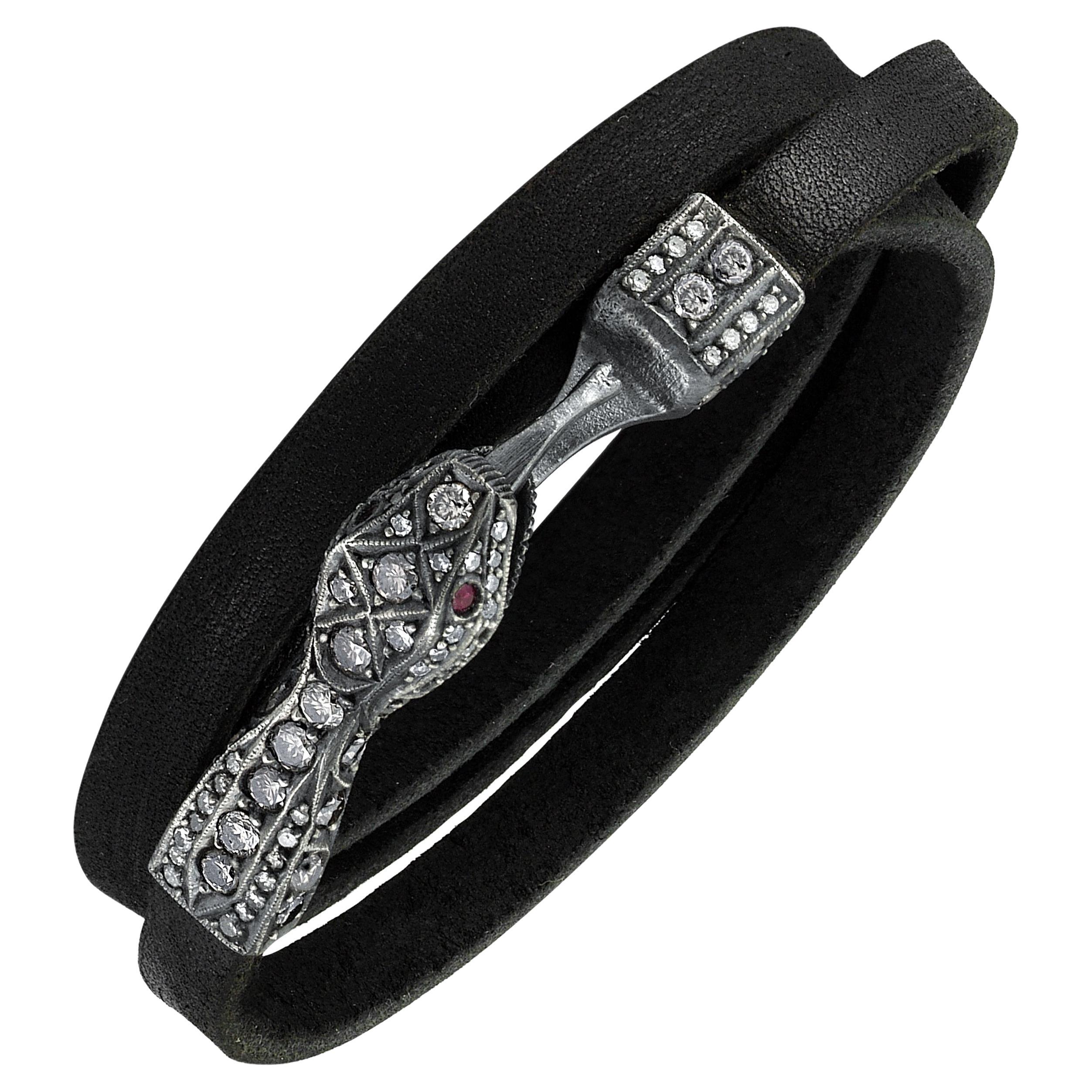 Ruby and Pave Diamond Oxidized Silver Serpent Bracelet with Black Leather Strap