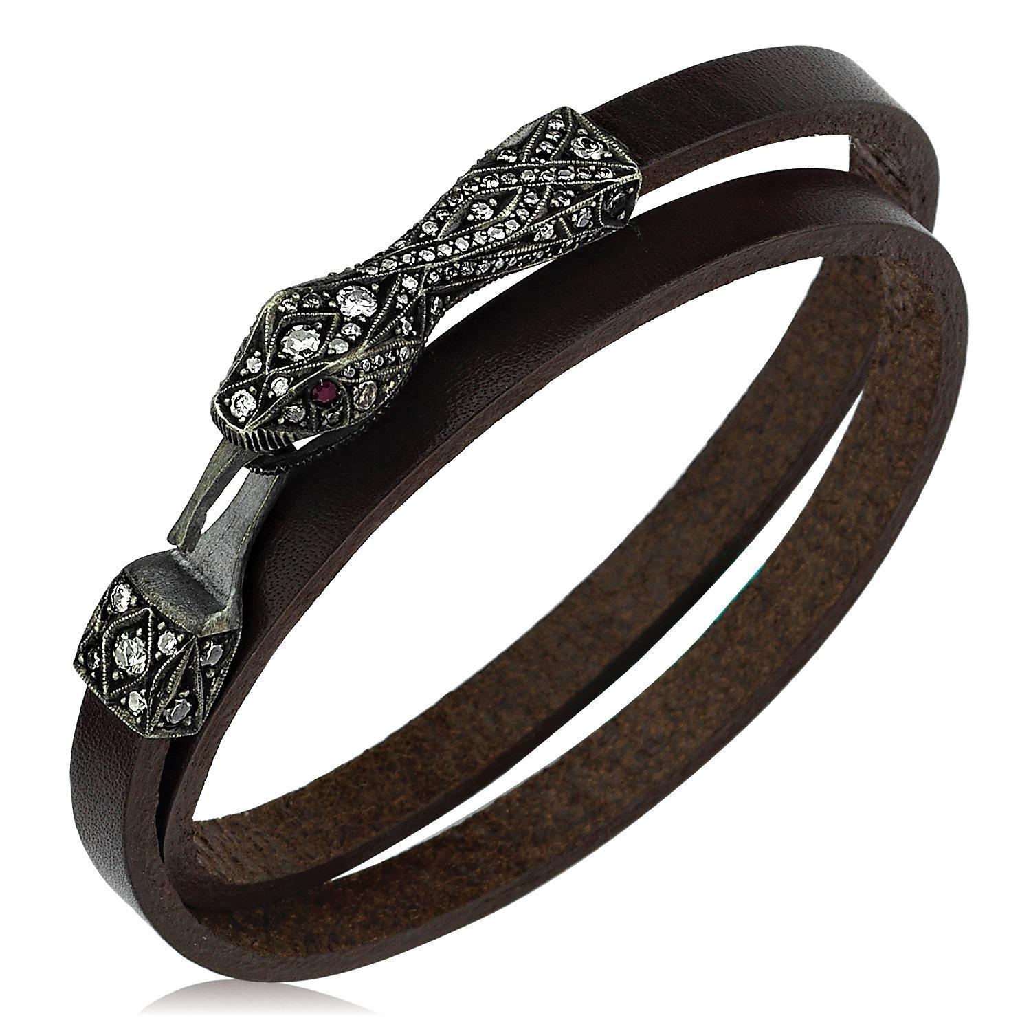 Contemporary Ruby and Pave Diamond Oxidised Silver Serpent Bracalet with Brown Leather Strap For Sale