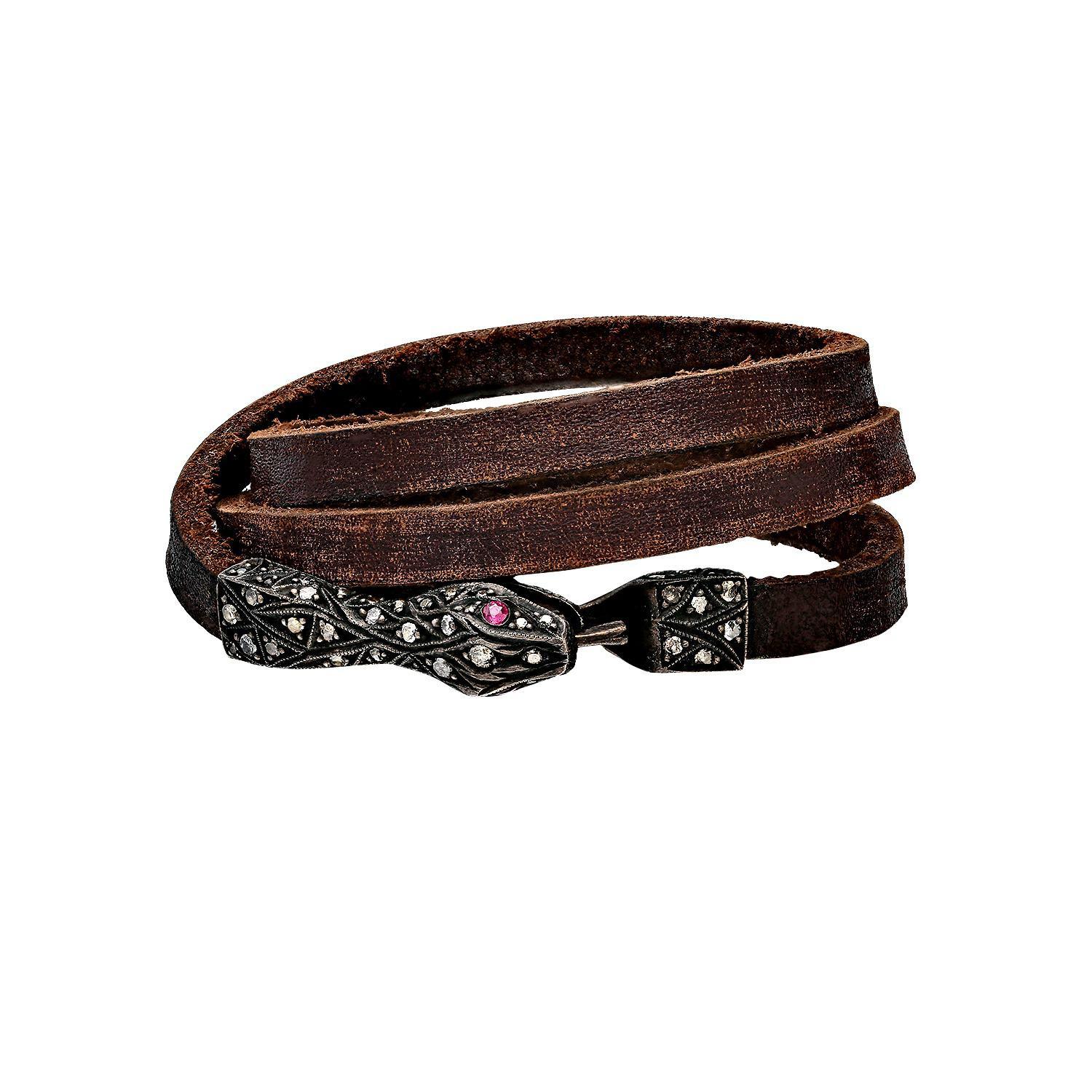 Brilliant Cut Ruby and Pave Diamond Oxidised Silver Serpent Bracalet with Brown Leather Strap For Sale
