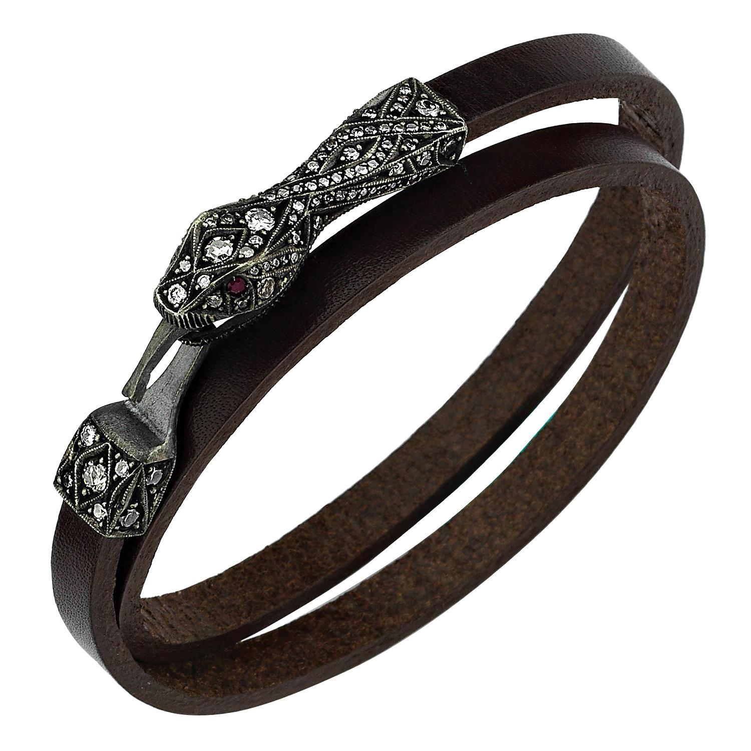 Ruby and Pave Diamond Oxidised Silver Serpent Bracalet with Brown Leather Strap For Sale