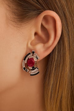Ruby SI/H 5.56 CTW Diamond Black Enamel Stud Earrings 18k Rose Gold