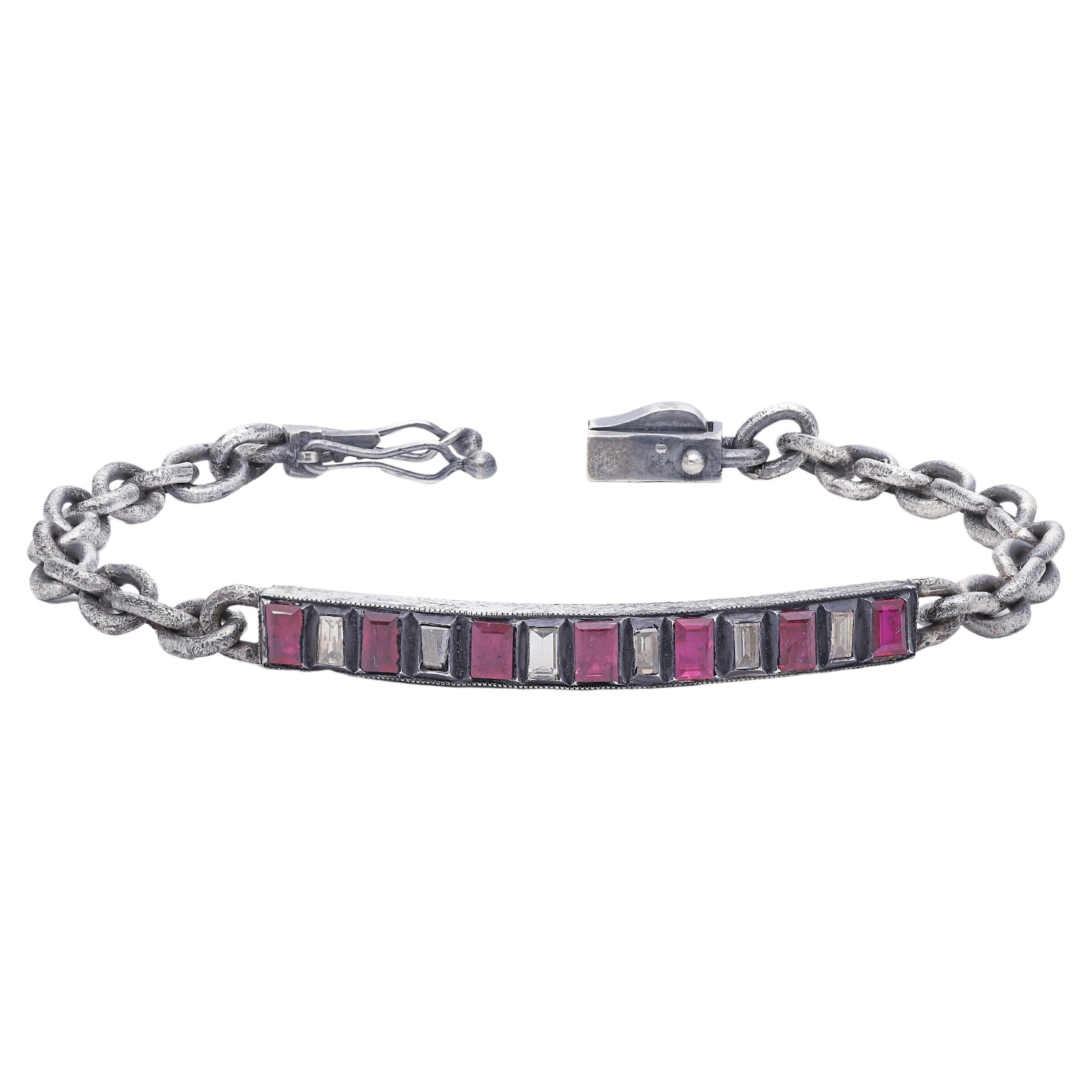 Oxidised Silver and 24k Gold Micron Plated Tag Chain Bracelet with Baguette Ruby For Sale