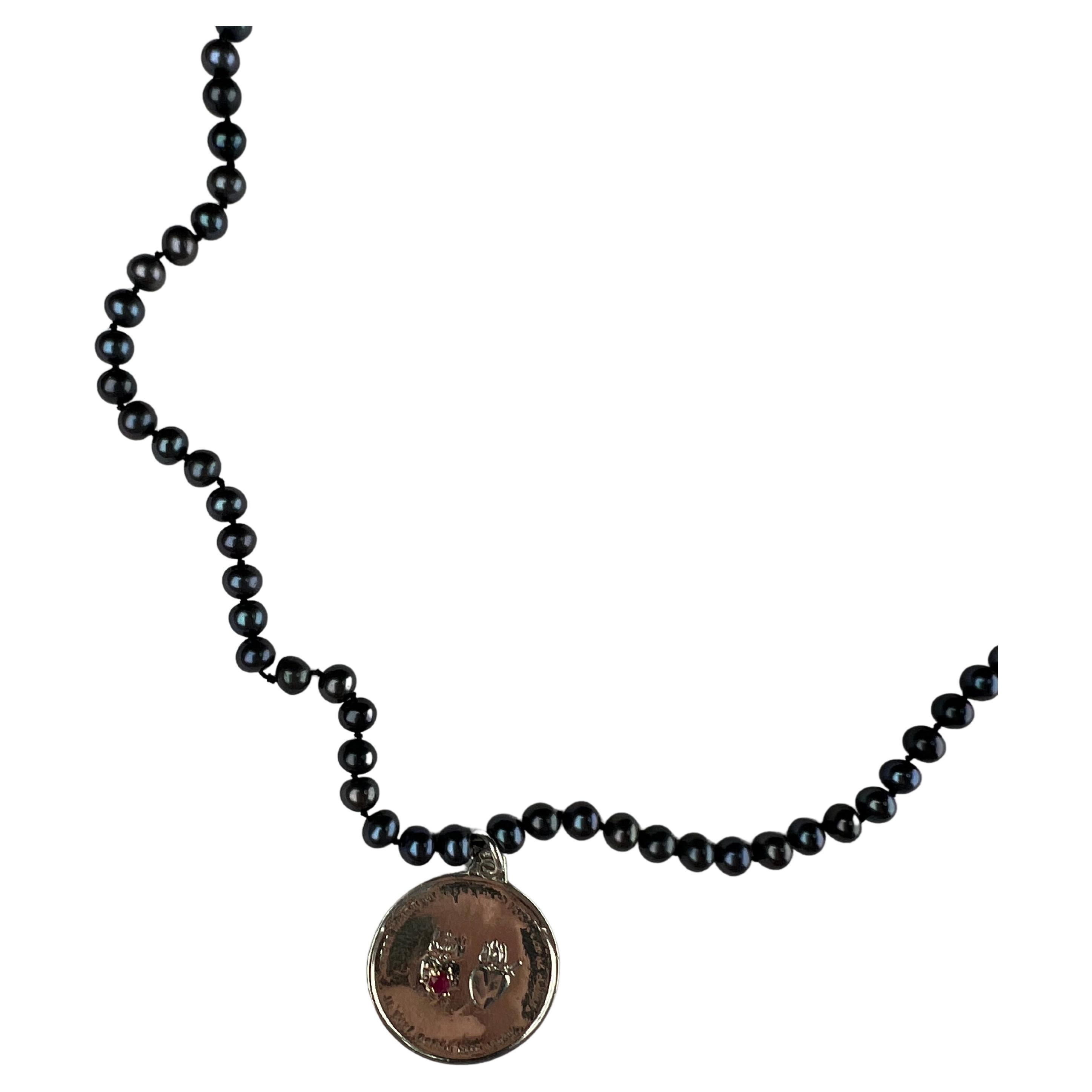 Ruby Silver Medal Sacred Heart  Black Pearl Choker 16