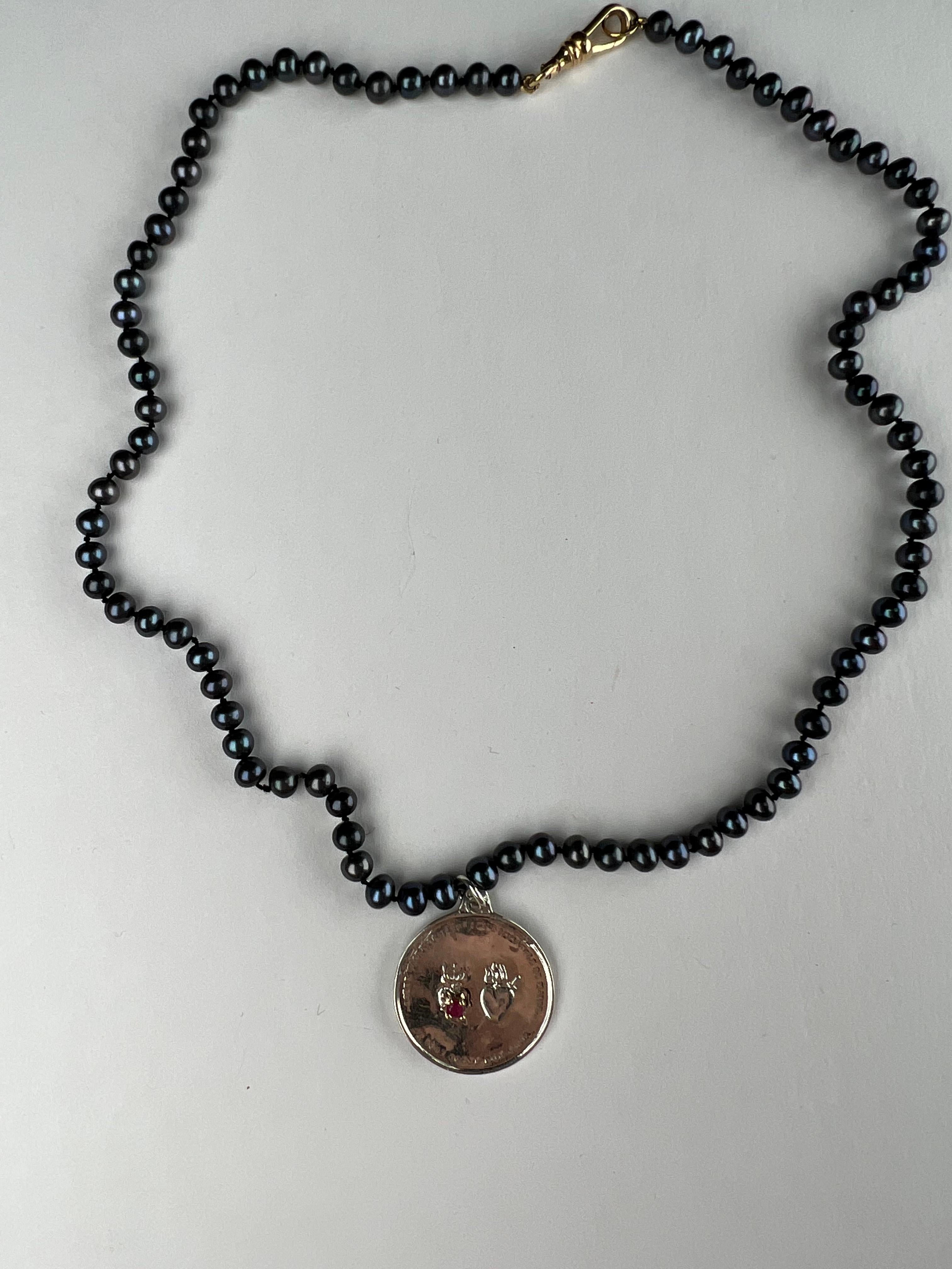 Ruby Silver Medal Sacred Heart  Black Pearl Necklace Choker J Dauphin In New Condition For Sale In Los Angeles, CA
