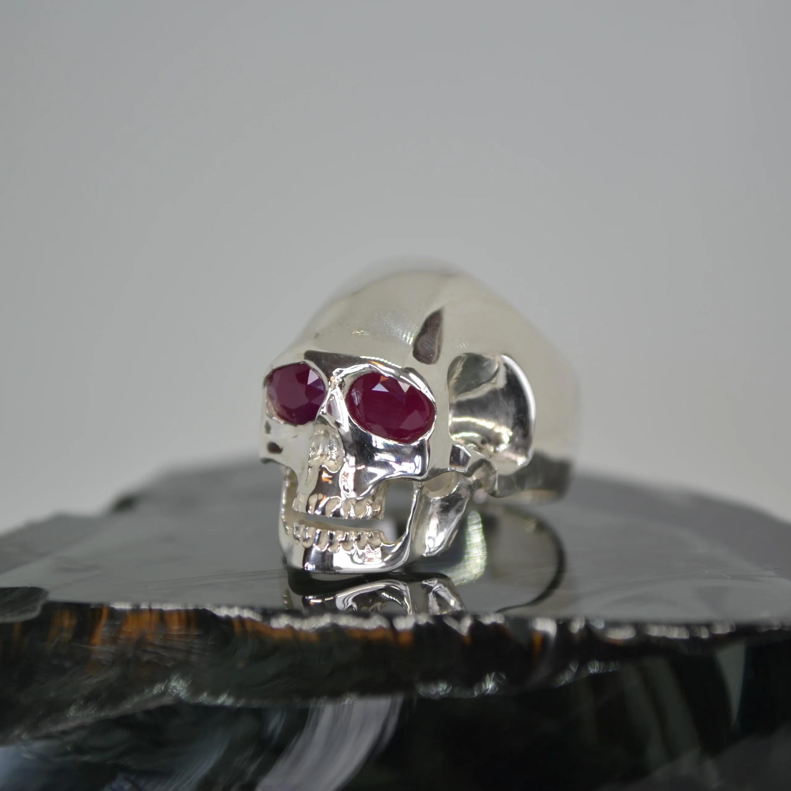 Oval Cut Ruby Silver Skull Ring For Sale