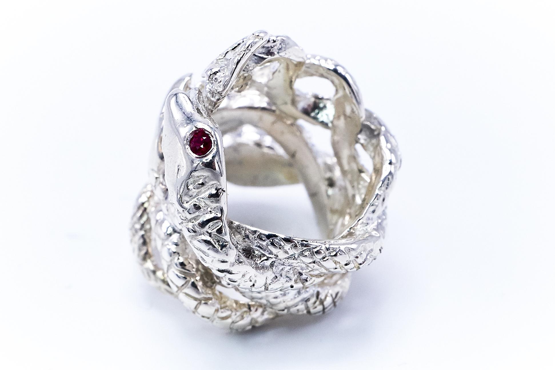 Contemporary Ruby Snake Ring Silver Statement Cocktail Ring Adjustable Onesie J Dauphin For Sale