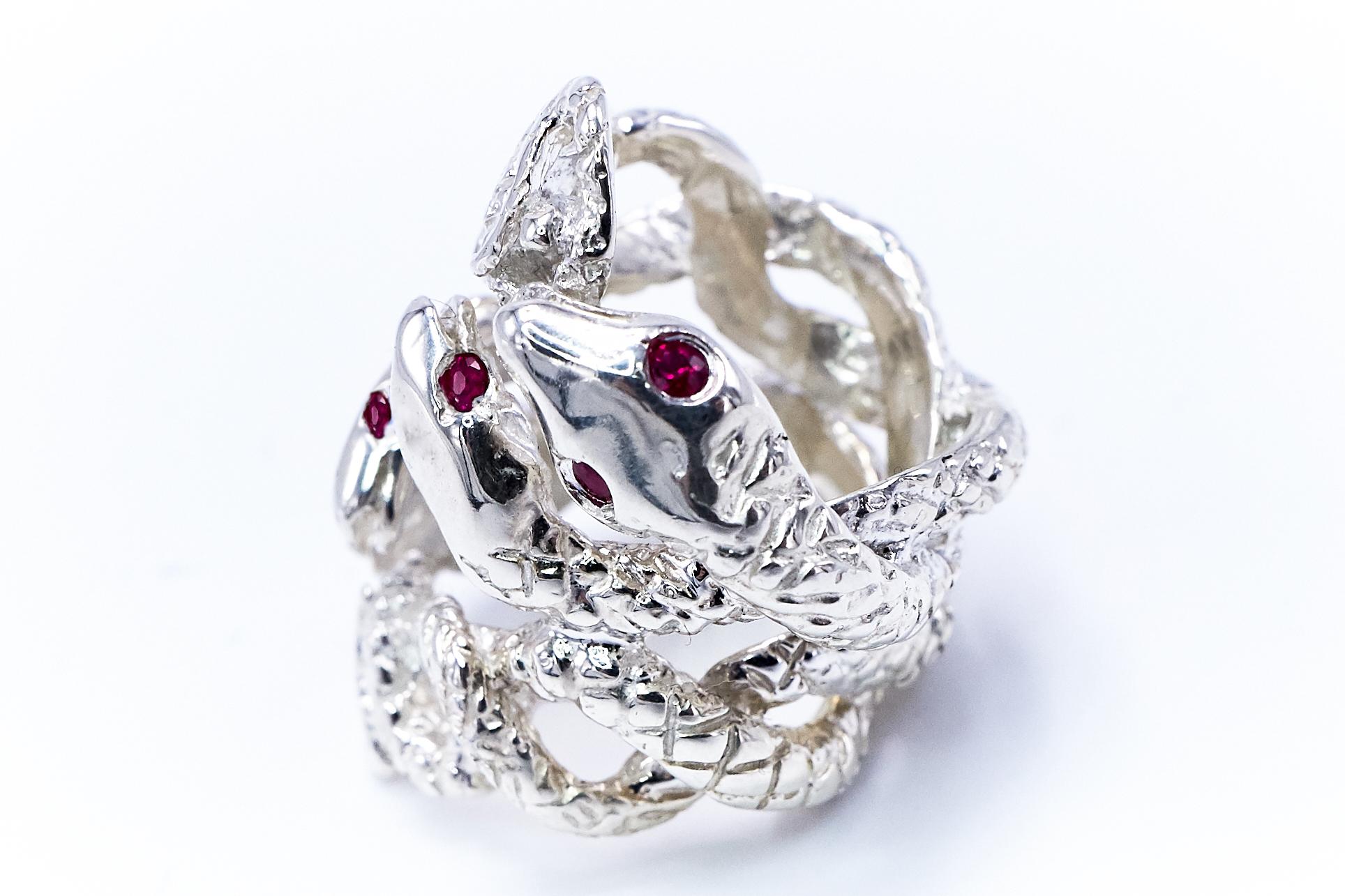 Round Cut Ruby Snake Ring Silver Statement Cocktail Ring Adjustable Onesie J Dauphin For Sale