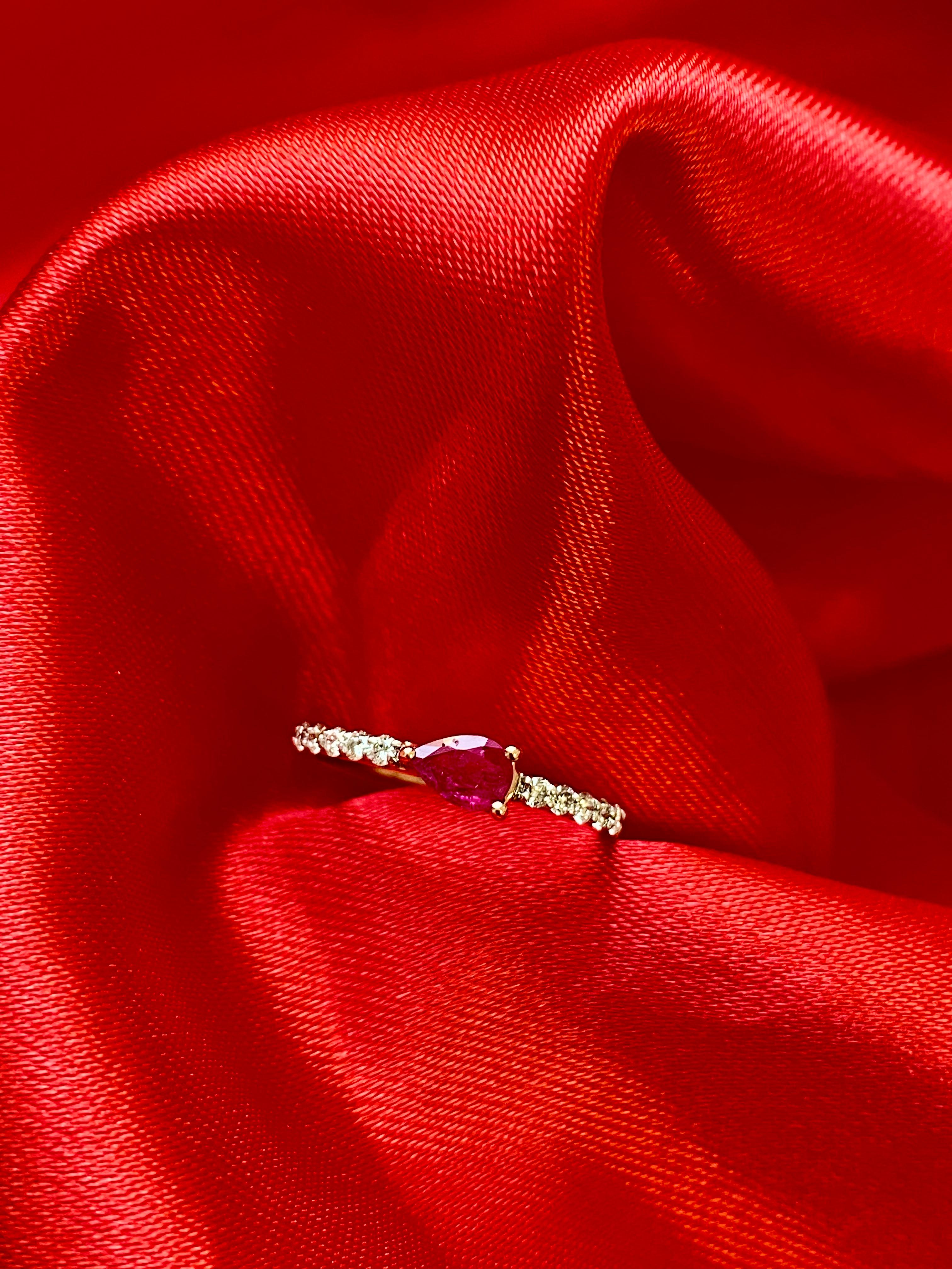 Women's Ruby Solitaire Ring with Natural Round Diamonds, 14k Solid Rose Gold, Stackable For Sale