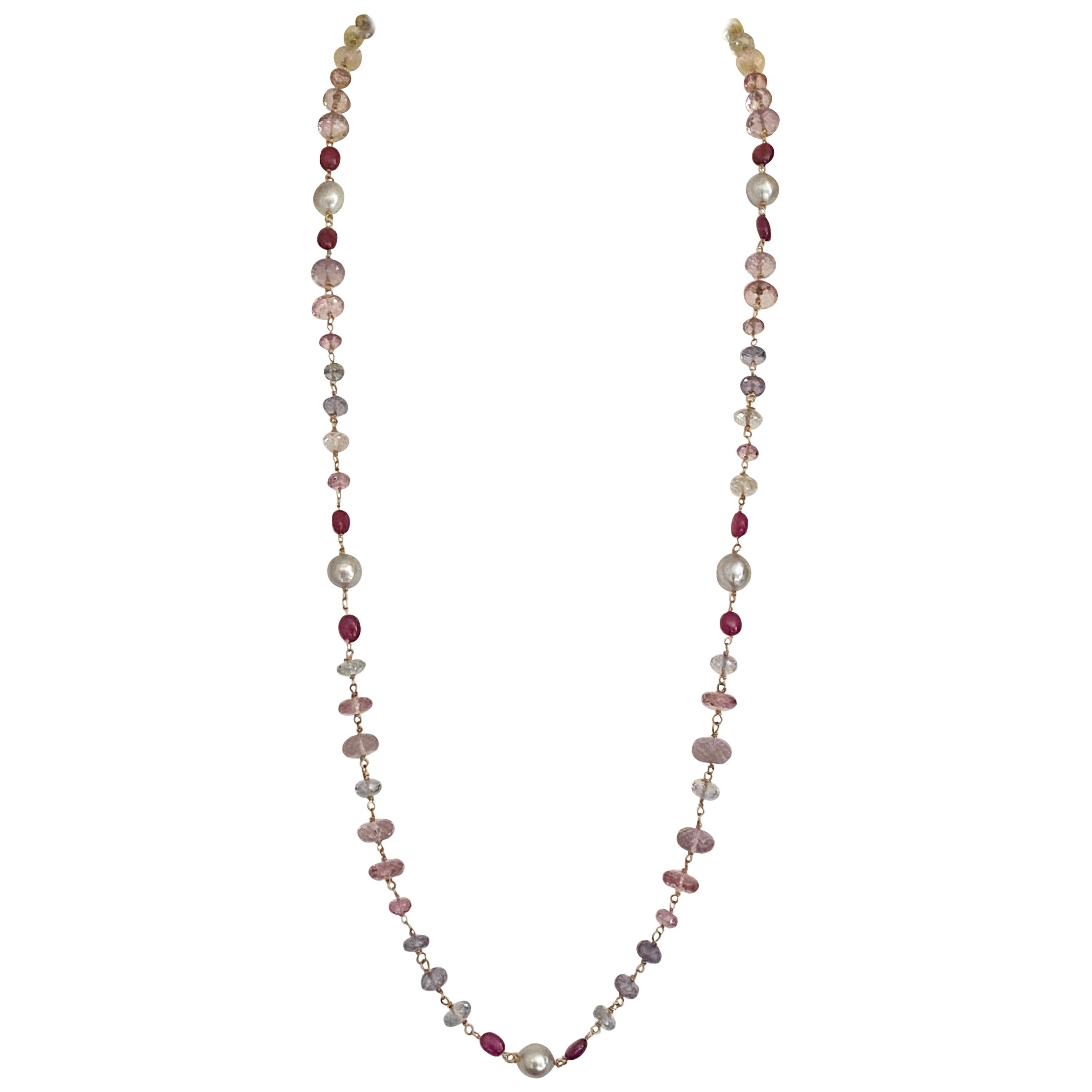 Ruby, South Sea Pearls, Pink and Blue Topaz Pink Amethyst Beads in 18 Karat Gold For Sale
