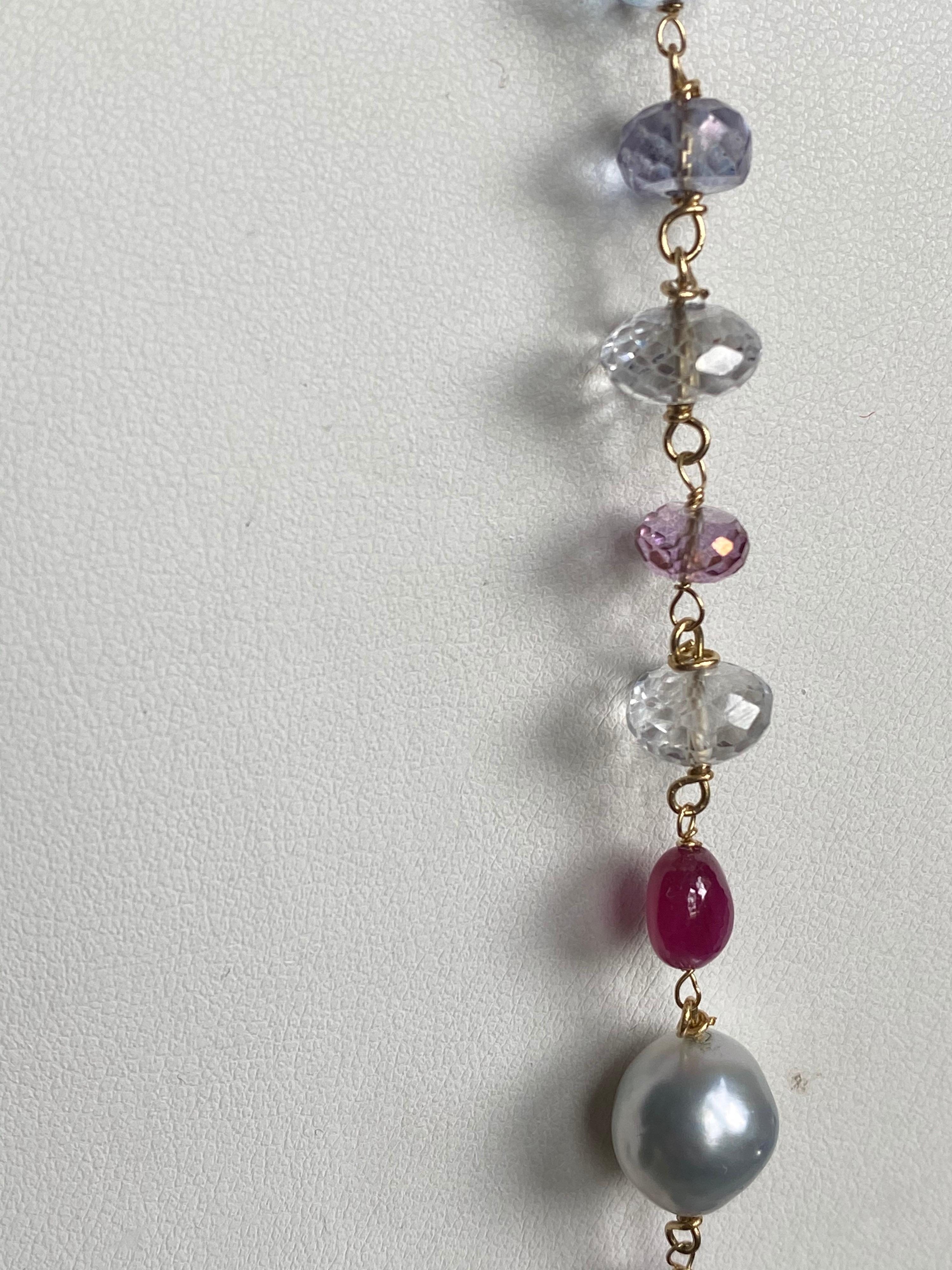 Contemporary Ruby, South Sea Pearls, Pink and Blue Topaz Pink Amethyst Beads in 18 Karat Gold For Sale