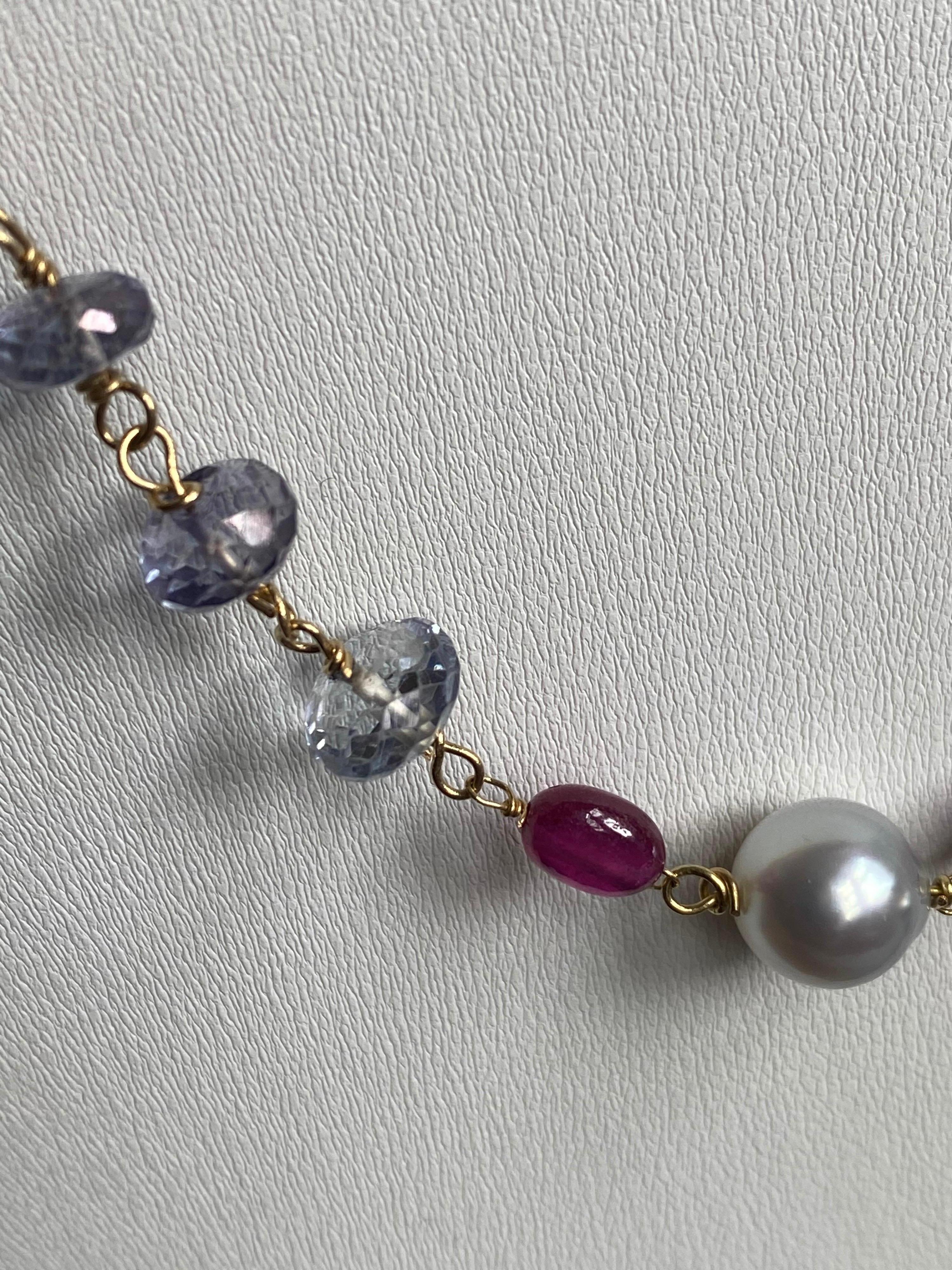 Women's or Men's Ruby, South Sea Pearls, Pink and Blue Topaz Pink Amethyst Beads in 18 Karat Gold For Sale