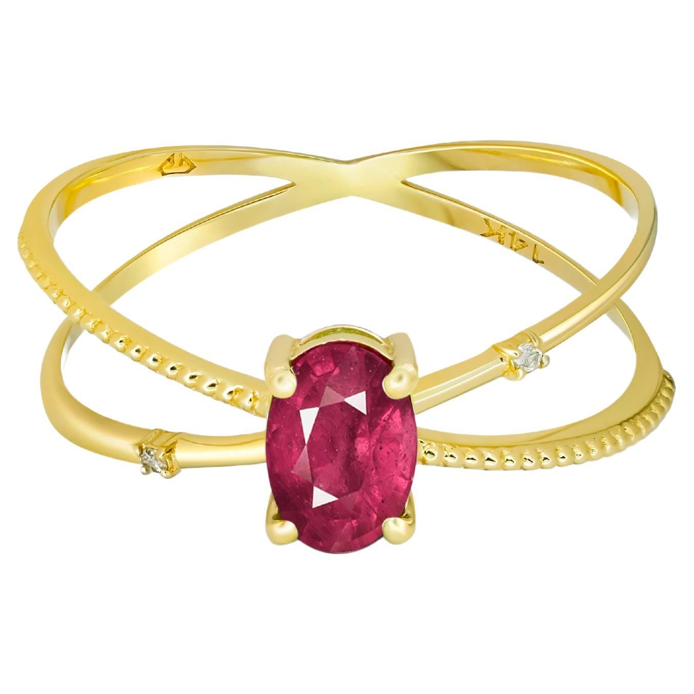 Spiralring mit Rubin, ovaler Rubin, Rubin-Goldring, Ring aus 14 Karat Gold mit Rubin