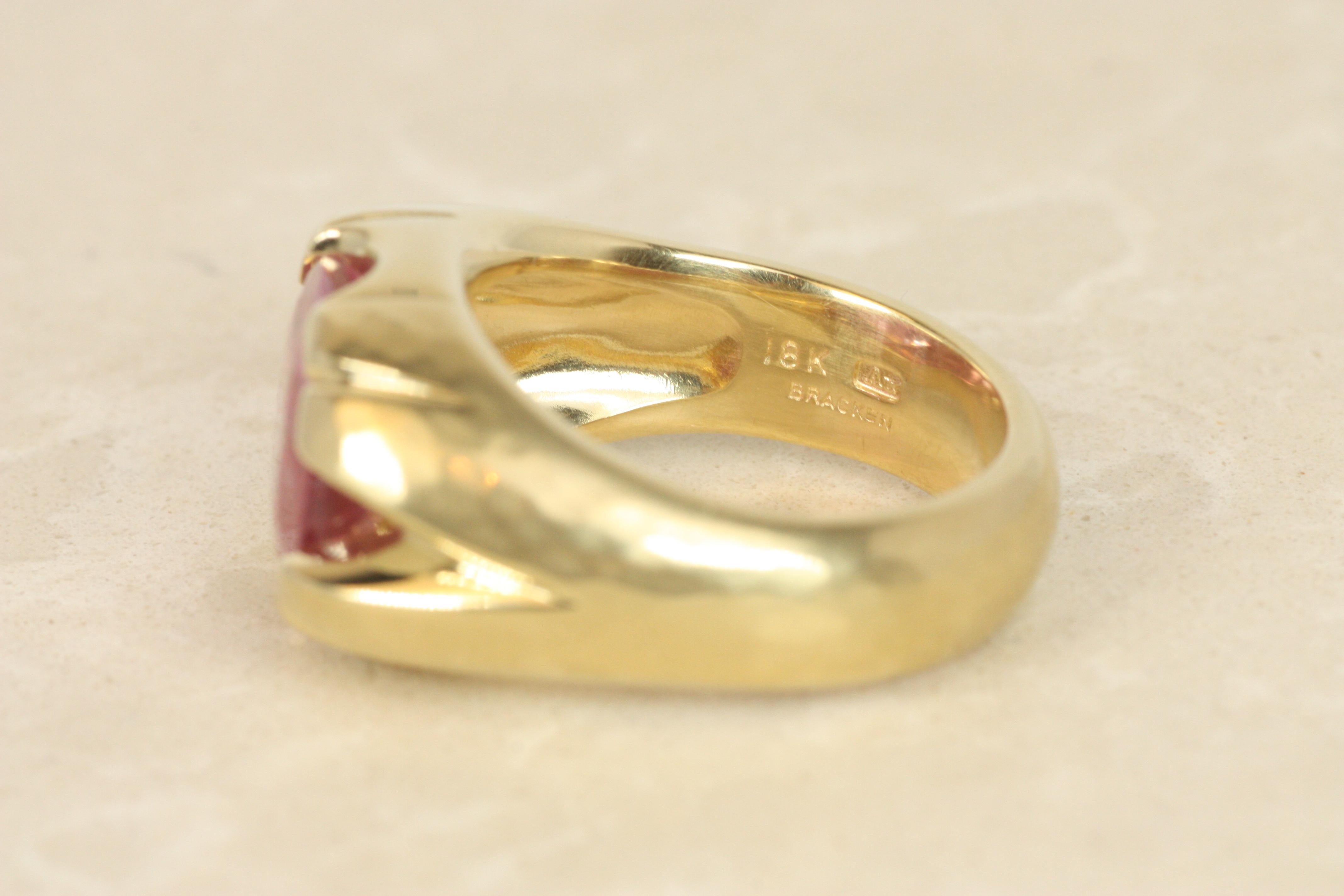 Ruby Split Shank Ring – 6.66ct Faceted Oval Cut 18K Yellow Gold Bracken Jewelers For Sale 3