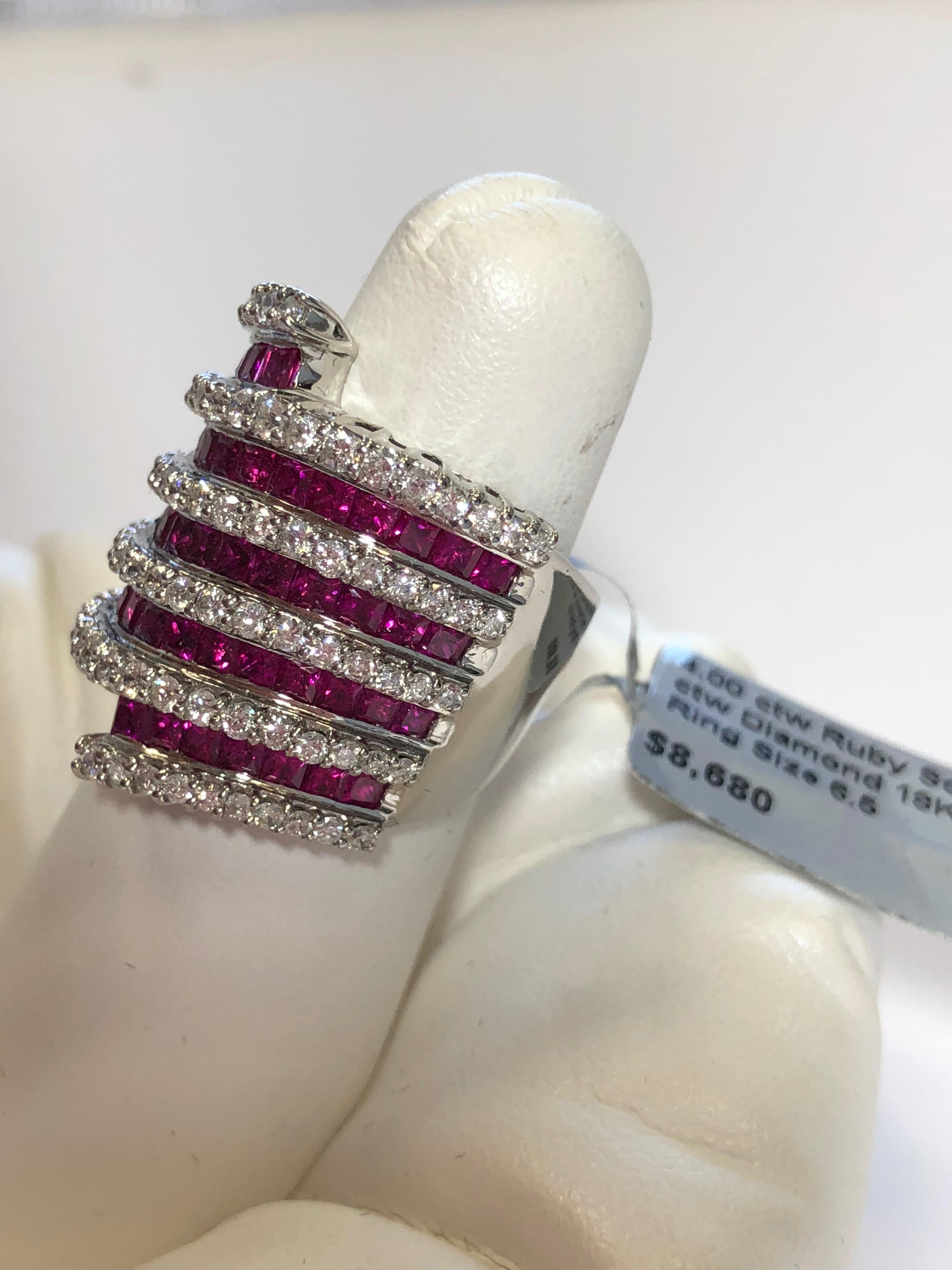Ruby Square and White Diamond Cocktail Ring in 18 Karat White Gold In New Condition In Los Angeles, CA