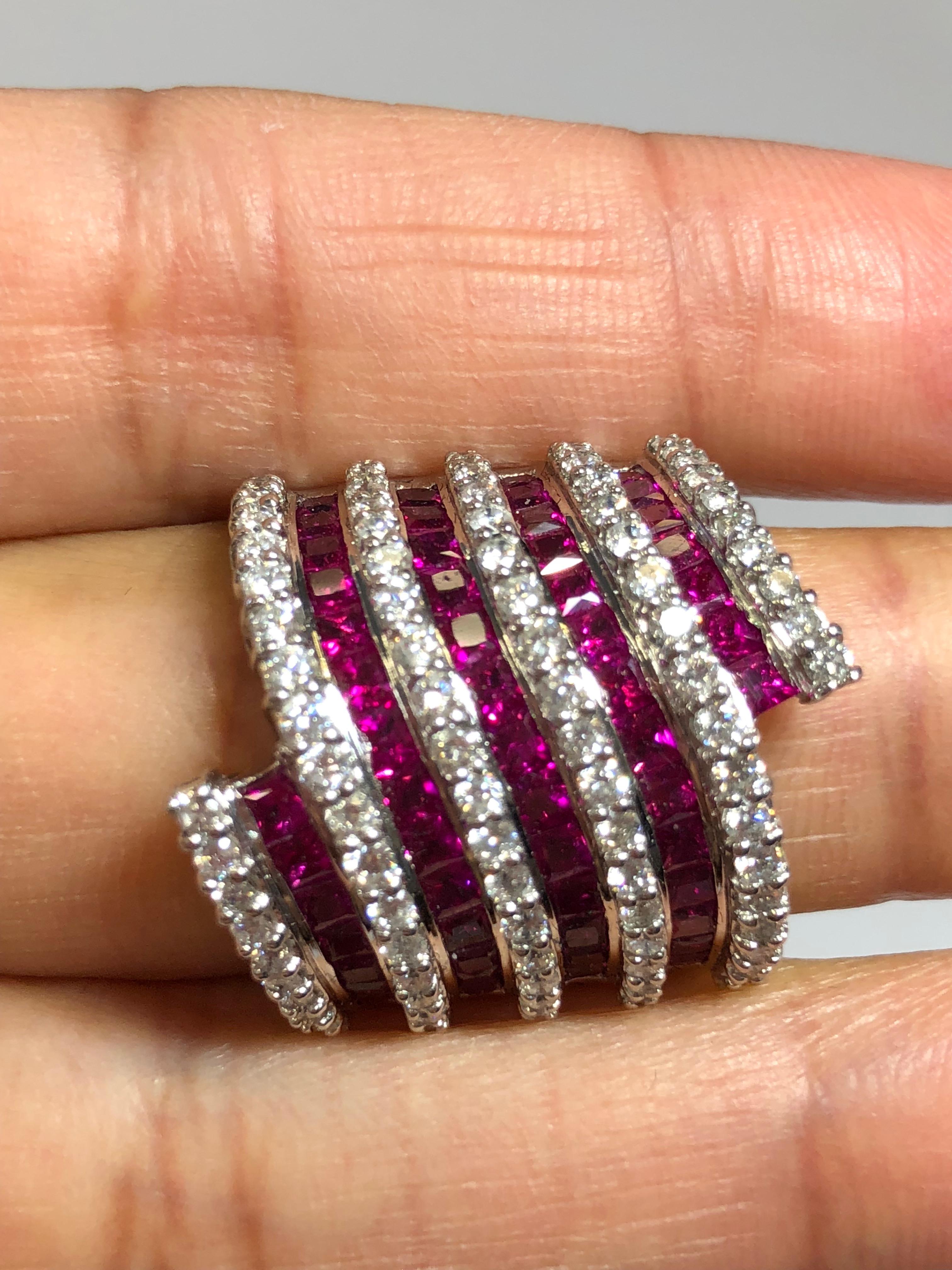 Ruby Square and White Diamond Cocktail Ring in 18 Karat White Gold 1