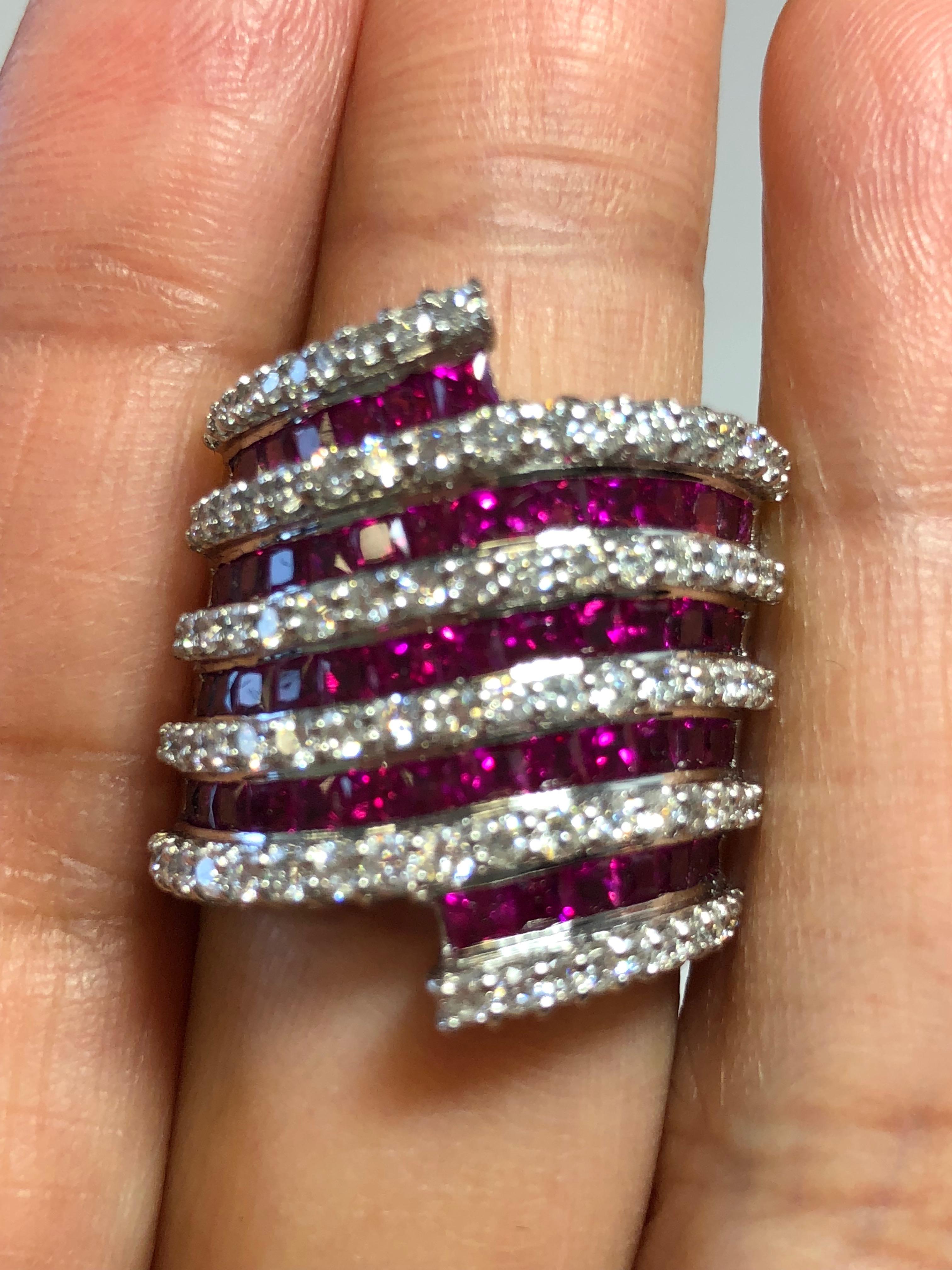 Ruby Square and White Diamond Cocktail Ring in 18 Karat White Gold 2