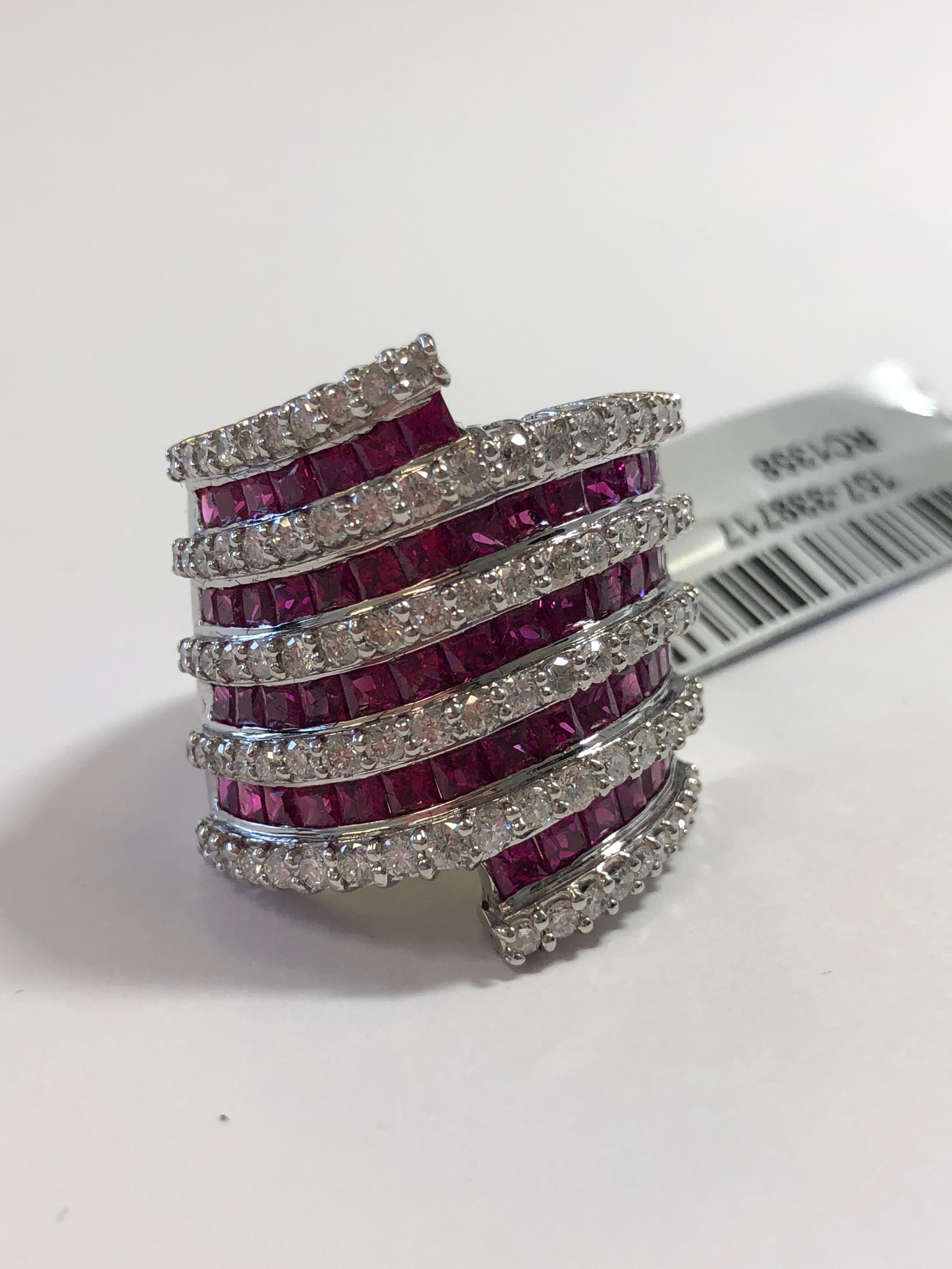 Ruby Square and White Diamond Cocktail Ring in 18 Karat White Gold 3