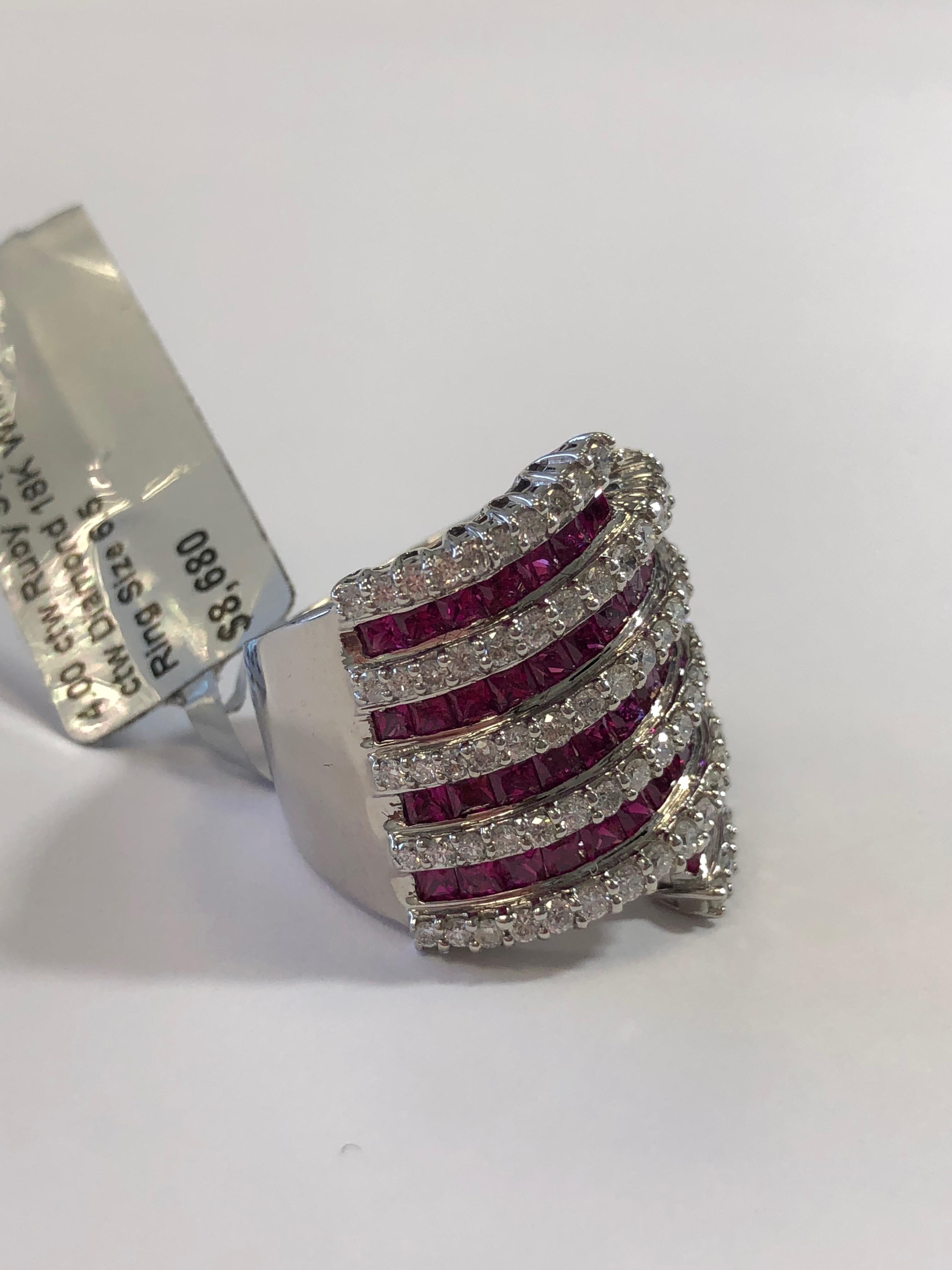 Ruby Square and White Diamond Cocktail Ring in 18 Karat White Gold 4